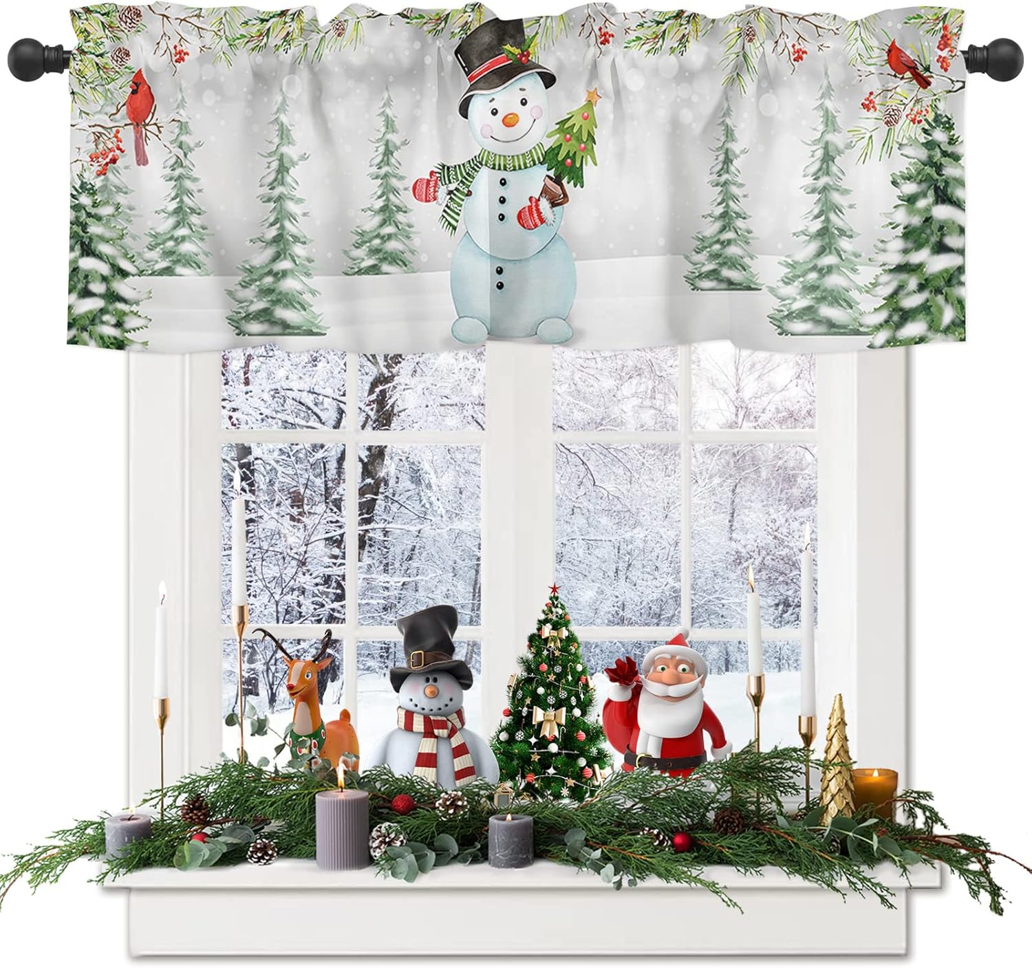 ALAGEO Cenefas de Navidad para ventanas de cocina, cenefas de árbol de Navidad cardenal rojo, cenefas de vacaciones con bolsillo para barra,
