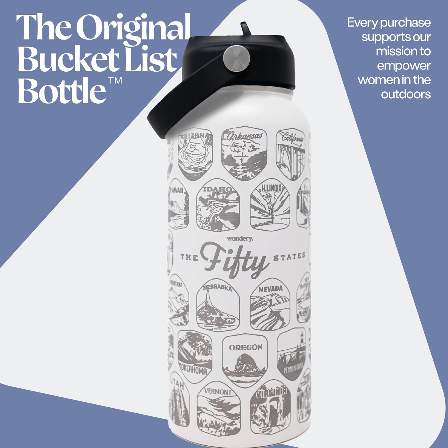 Botella de agua de viaje oficial de Fifty States con calcomanías impermeables y pajilla, color crema, 32 onzas grabadas, acero inoxidable aislado