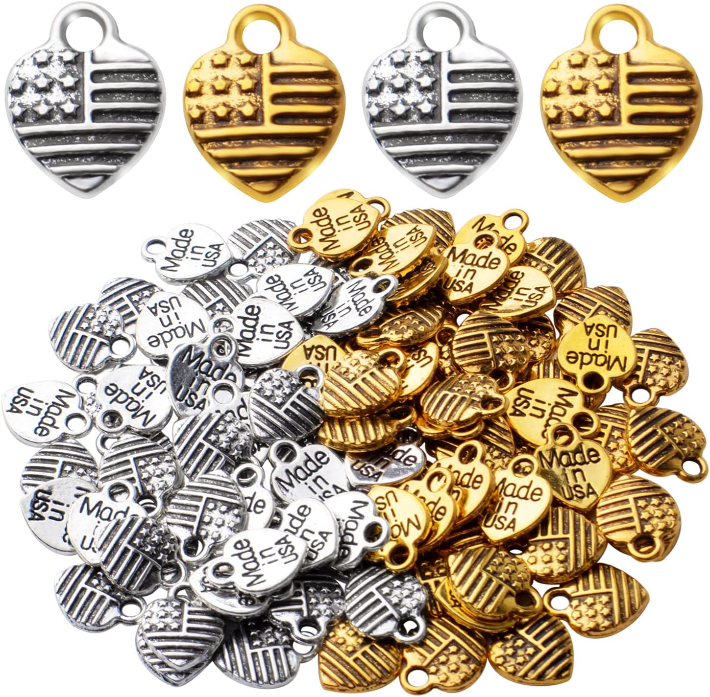 100 dijes en forma de corazón de aleación de bandera estadounidense, colgantes de bandera de corazón para collares, pulseras, joyería, manualidades,