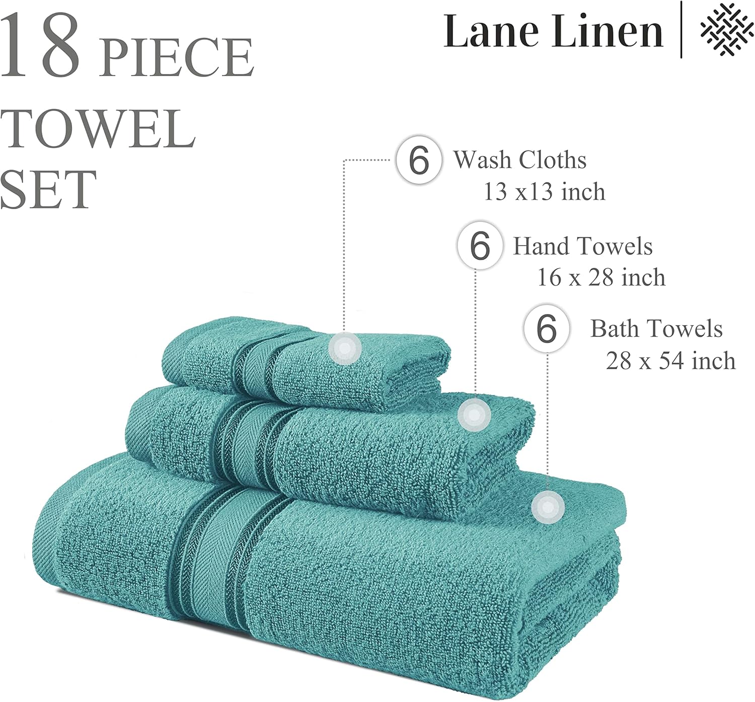 LANE LINEN – Juego de 18toallas de lujo de 100% algodón, toallas de baño de secado rápido, supersuaves y muy absorbentes, 6toallas de baño, 6toallas
