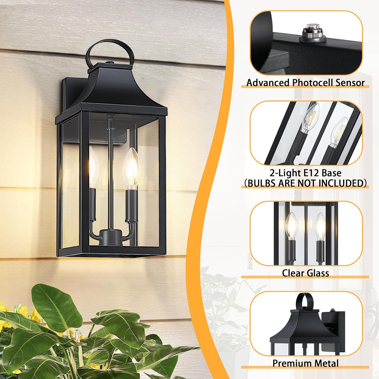 Farol de pared negro para exteriores del anochecer al amanecer, 2 luces, aplique de pared moderno exterior de 15 pulgadas, lámpara industrial para
