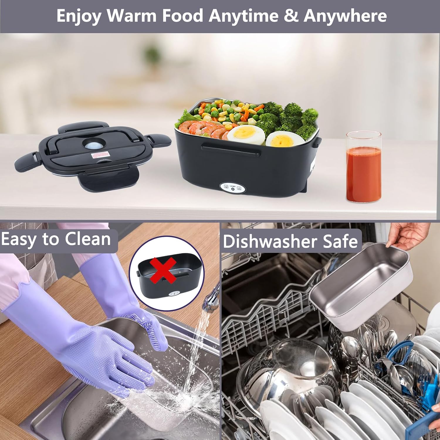 Fiambrera eléctrica calentadora de alimentos, 2 en 1, para automóvil, camión, hogar, trabajo, adultos, calefacción de alimentos, a prueba de fugas,