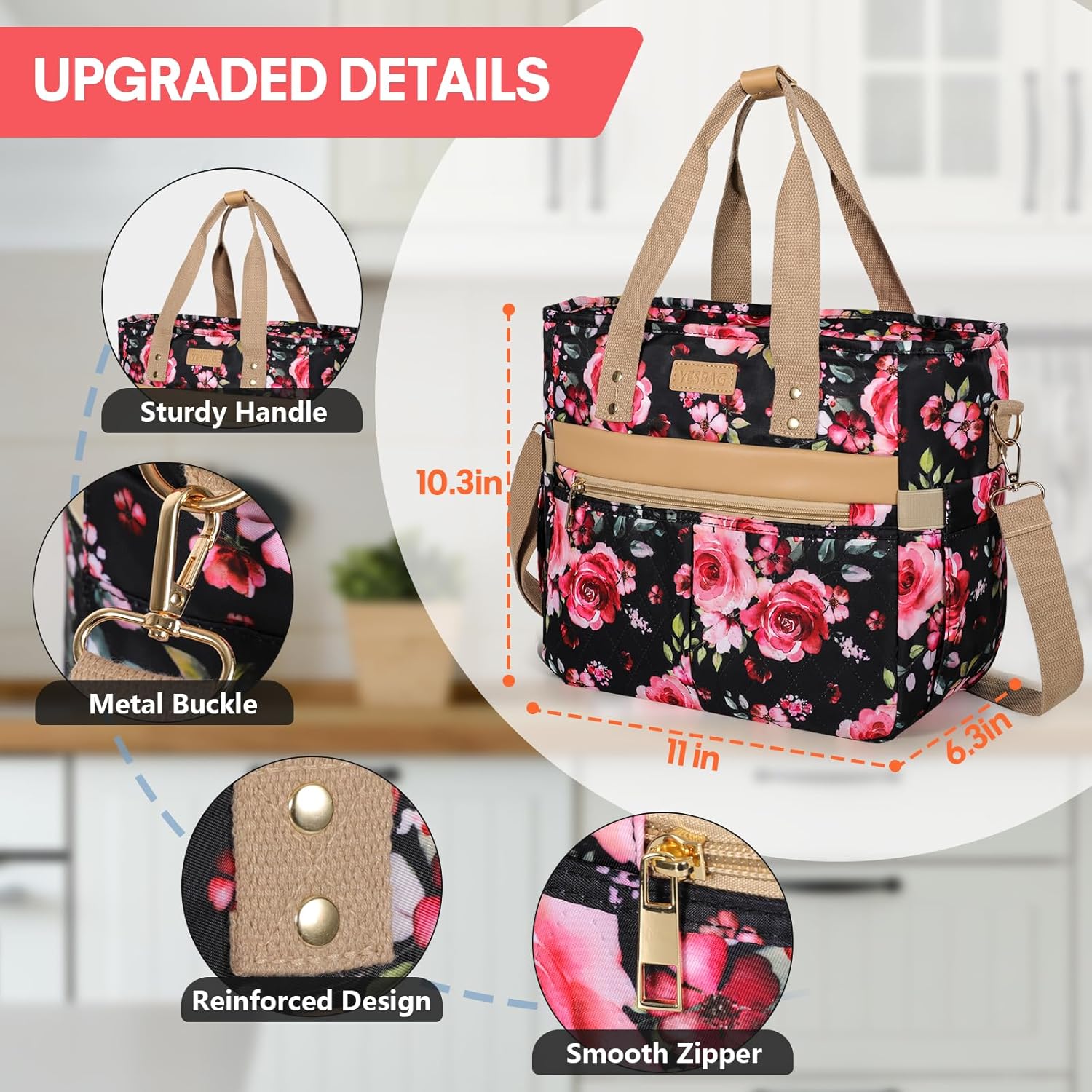 Bolsa de almuerzo para mujer, pequeña lonchera aislada, bolsa de mano de apertura amplia con correa de hombro extraíble para picnic, trabajo,