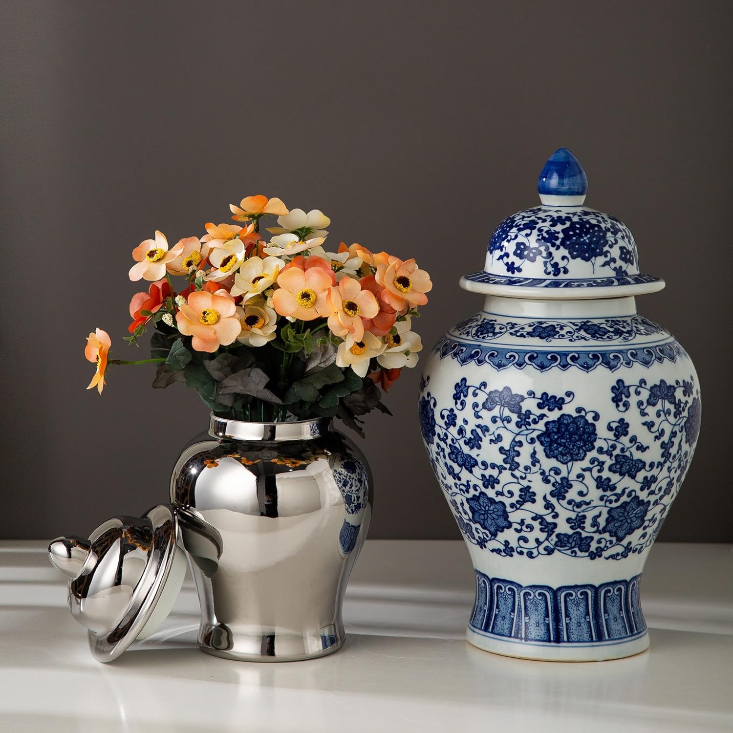 ZRLWIVE Tarro de jengibre de cerámica para sala de estar, porcelana con cáscara de huevo, vintage, alto, grande, decoración de piso, detalles de