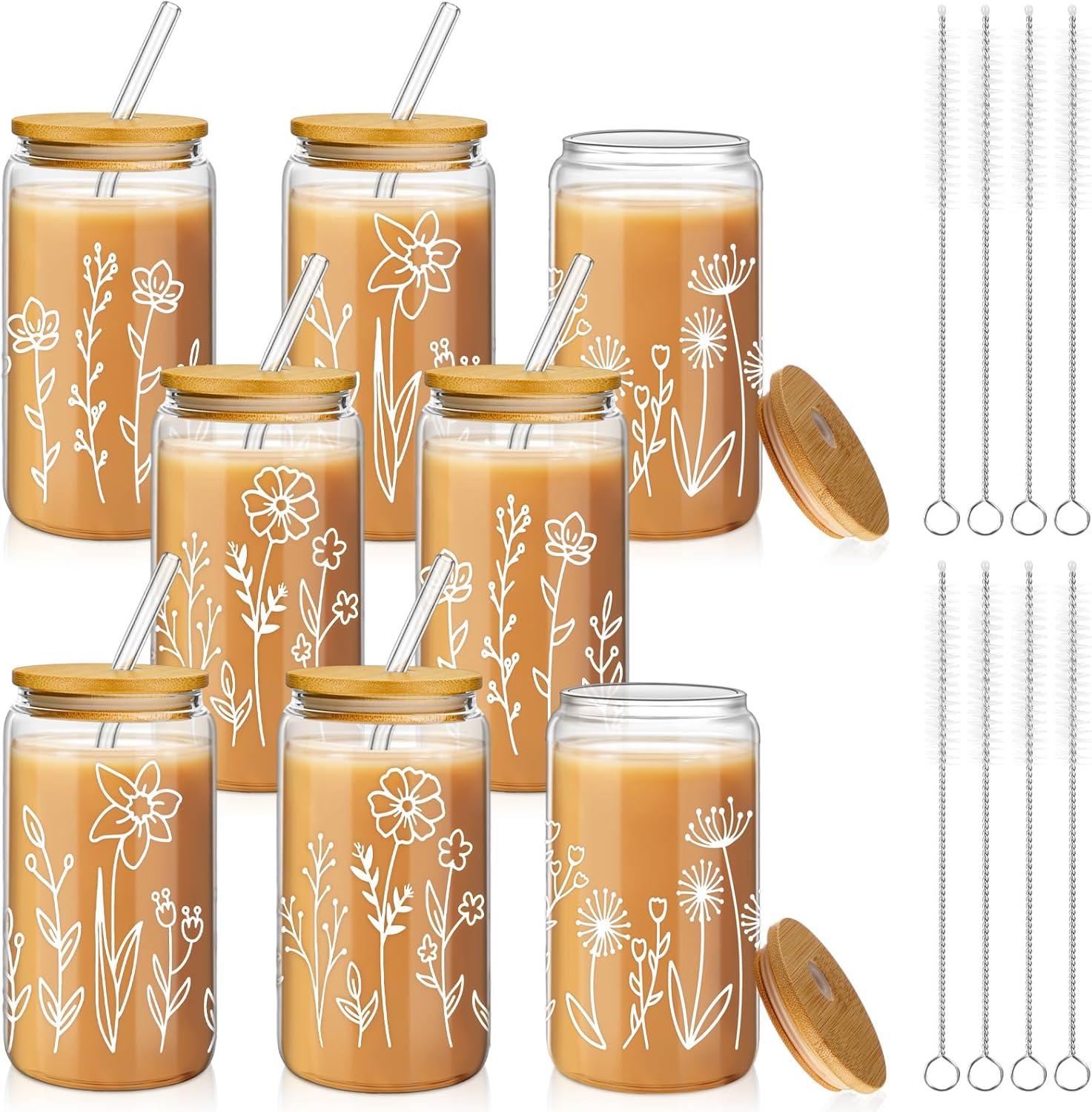 Mumufy Paquete de 8 vasos de cristal para mujer, taza de dama de honor, taza de café helado estética de 16 onzas con tapa de bambú y pajita, regalo