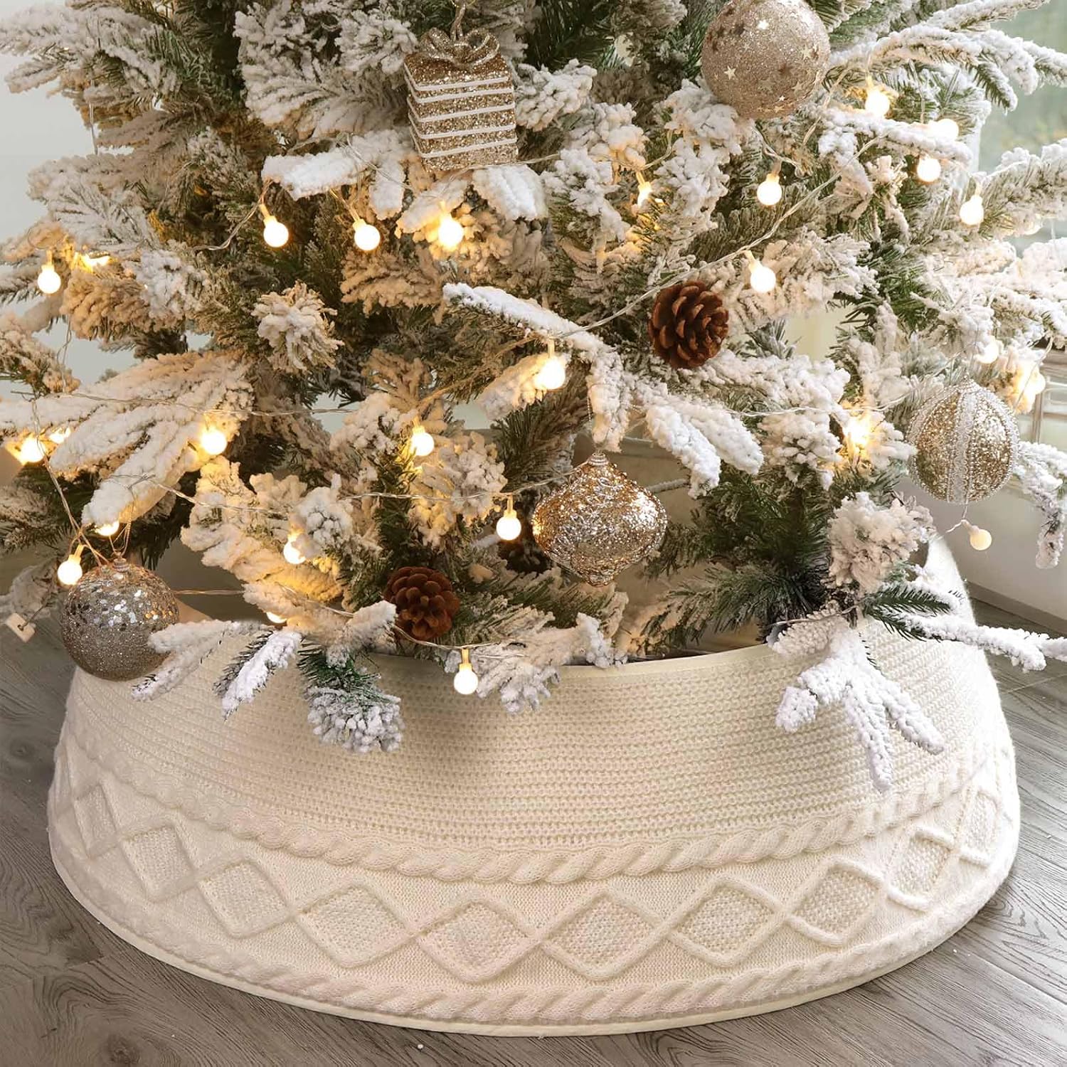 Collar de árbol de Navidad de punto collar de árbol de Navidad de punto trenzado grueso con patrón de diamante cruzado crema para árboles