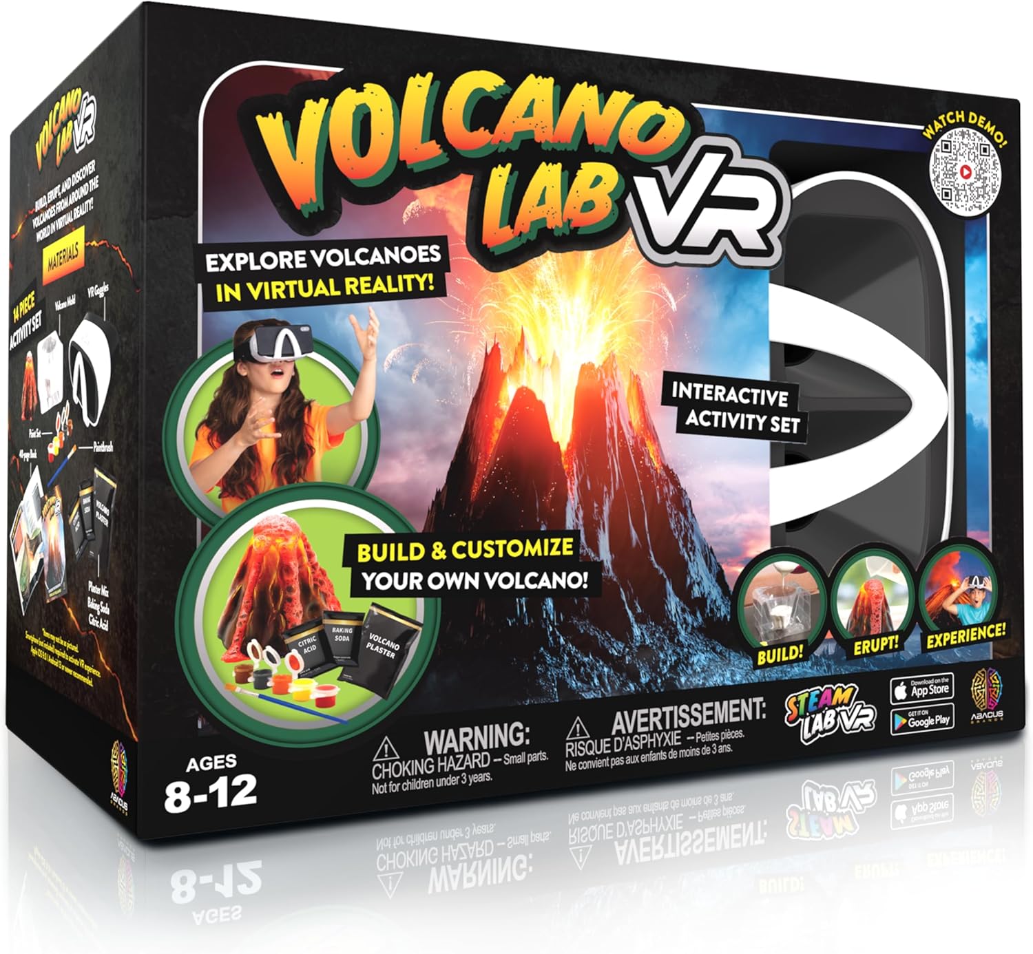 Abacus Brands STEAM Volcano Lab VR – Construye y erupta tu propio volcán – Kit de ciencia para niños de realidad virtual, libro y juego de