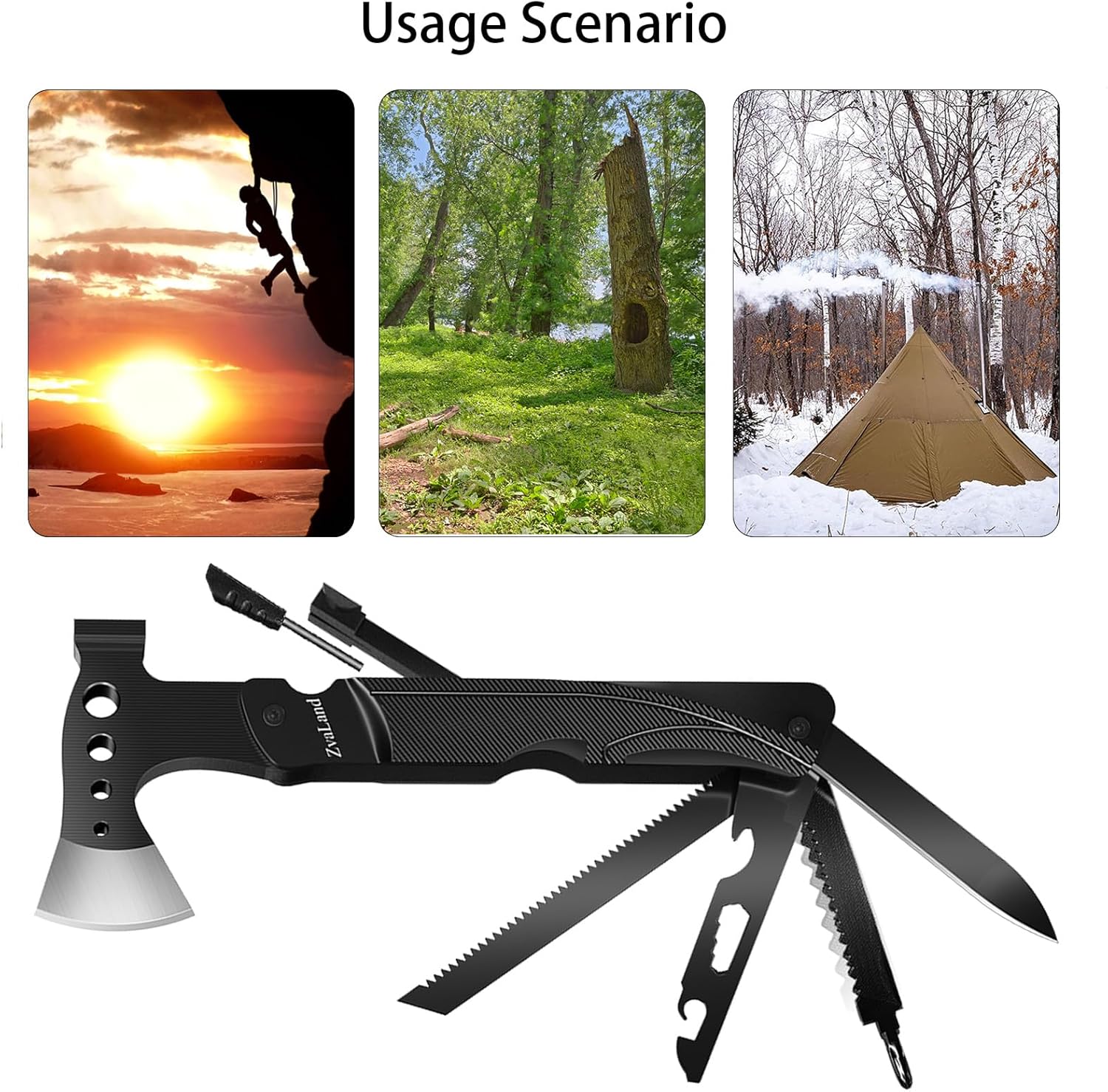 Adventure – Juego de hachas multiherramienta 14 en 1 para campamento, senderismo, pesca. Hacha, martillo, cuchillo, sierra, abridor, iniciador de