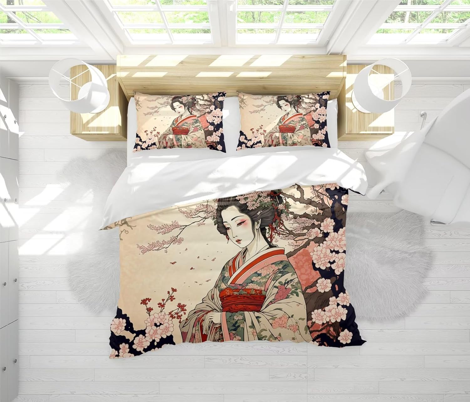 Juego de edredón japonés, estilo retro, hermosa flor japonesa, geisha japonesa, juego de ropa de cama de 3 piezas, ropa de cama suave para todas las