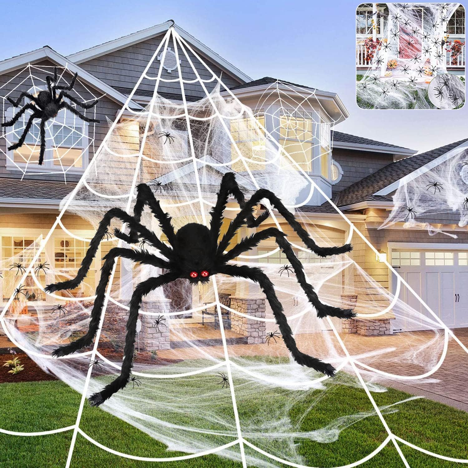 Decoraciones de araña de Halloween, telaraña de 220 pulgadas + araña gigante de 60 pulgadas, telarañas elásticas de 300 pies cuadrados, 25 arañas