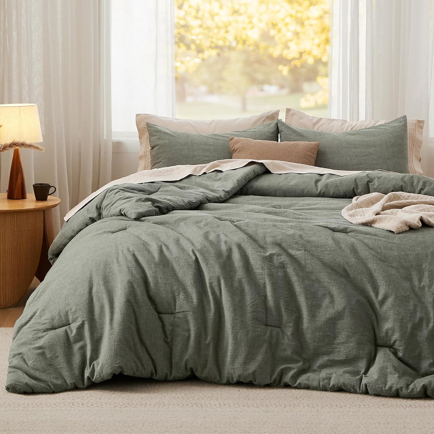 Bedsure Juego de edredón Queen  Tela de algodón con relleno interior de microfibra, edredón verde oliva grisáceo tamaño Queen para todas las