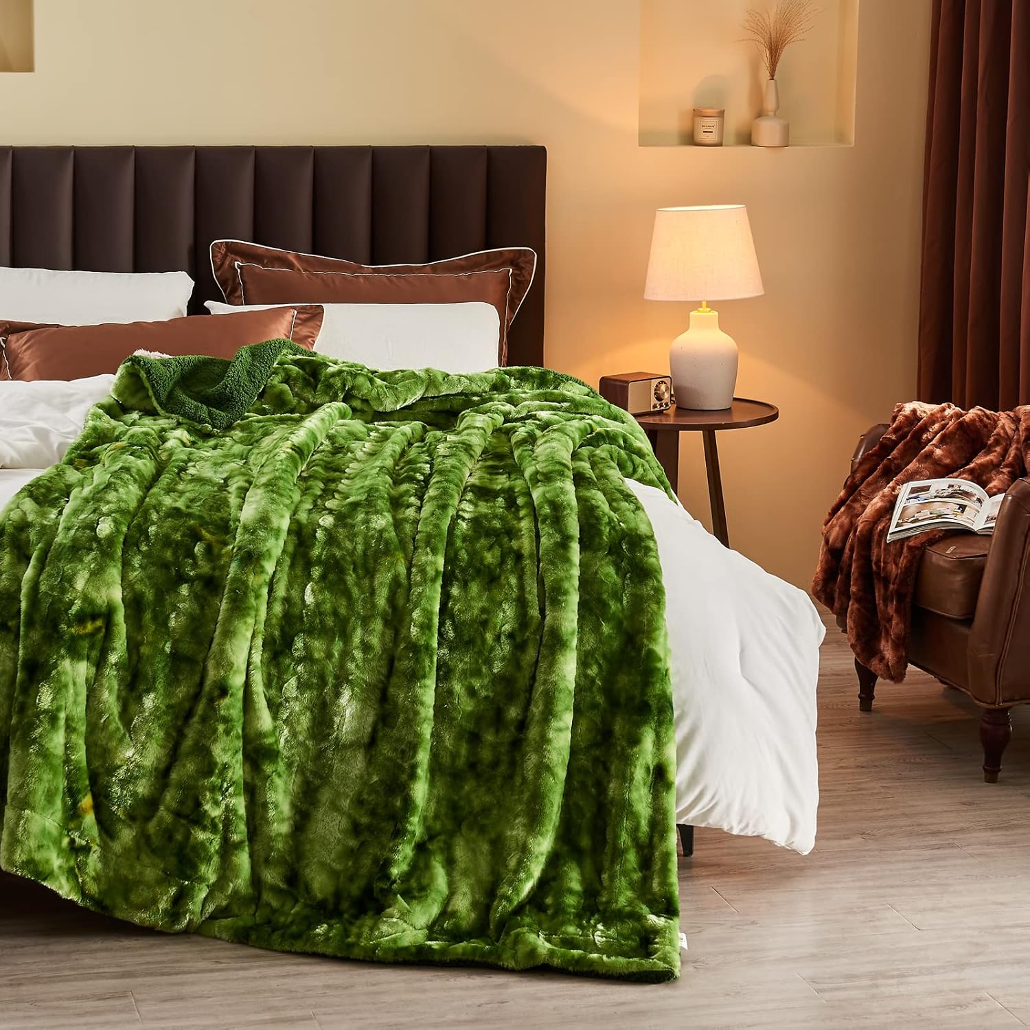 NEWCOSPLAY Manta de piel sintética súper suave para el sofá, manta cálida y mullida para sofá y cama (verde, manta de 50 x 60 pulgadas)