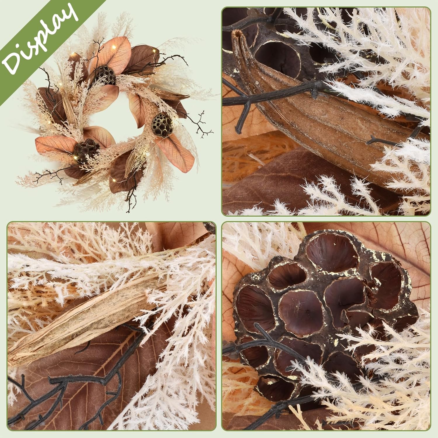 Coronas de otoño de 24 pulgadas con LED para decoración exterior de puerta delantera, pasto de plástico, hojas de magnolia, okra, vainas de loto,