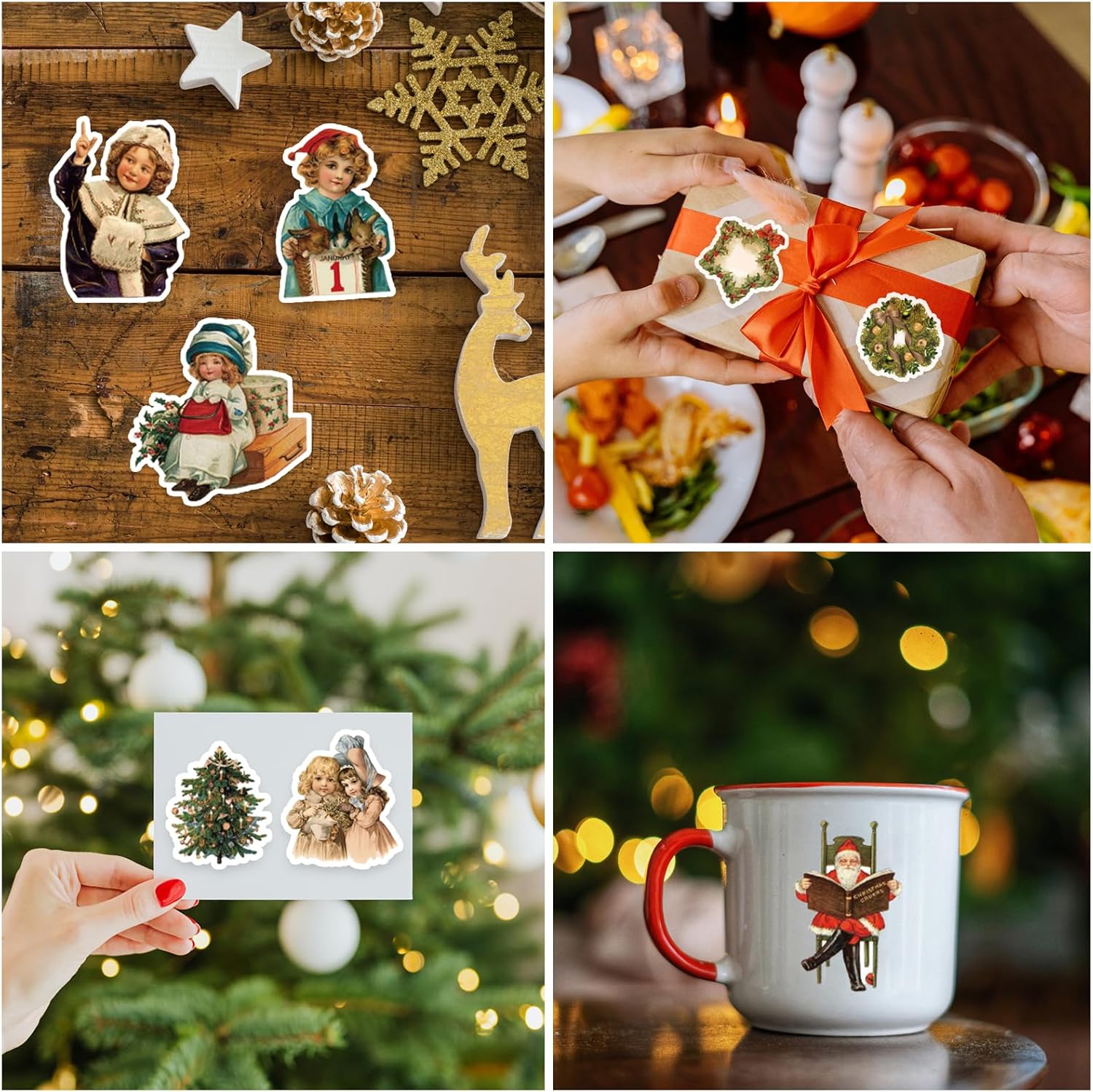100 calcomanías navideñas que no se repiten, retro, Papá Noel, decoración de Navidad, calcomanías impermeables para álbumes de recortes, tarjetas,