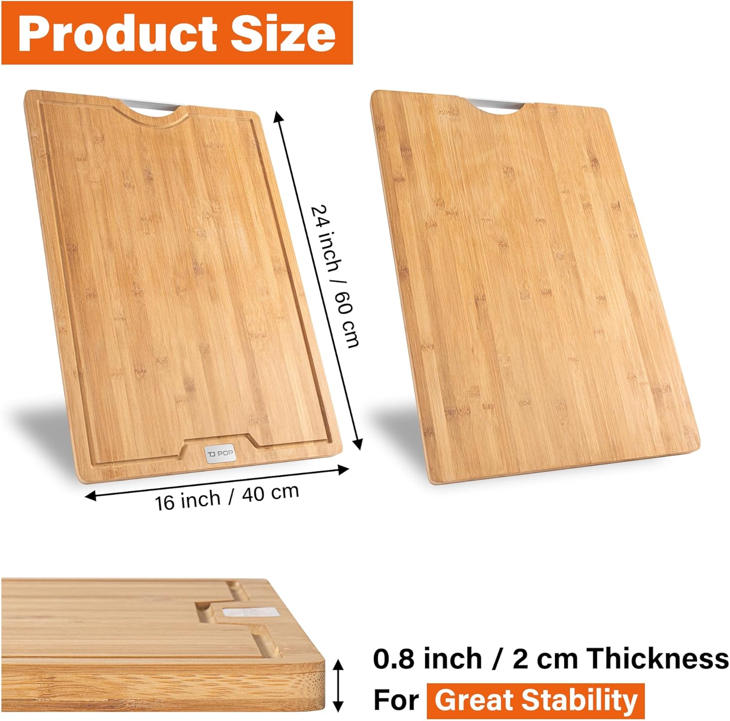 Tabla de cortar extragrande de 24 x 16 pulgadas, tabla de cortar de bambú 2XL para cocina, tabla de cortar con ranura para jugo y asa, tabla grande
