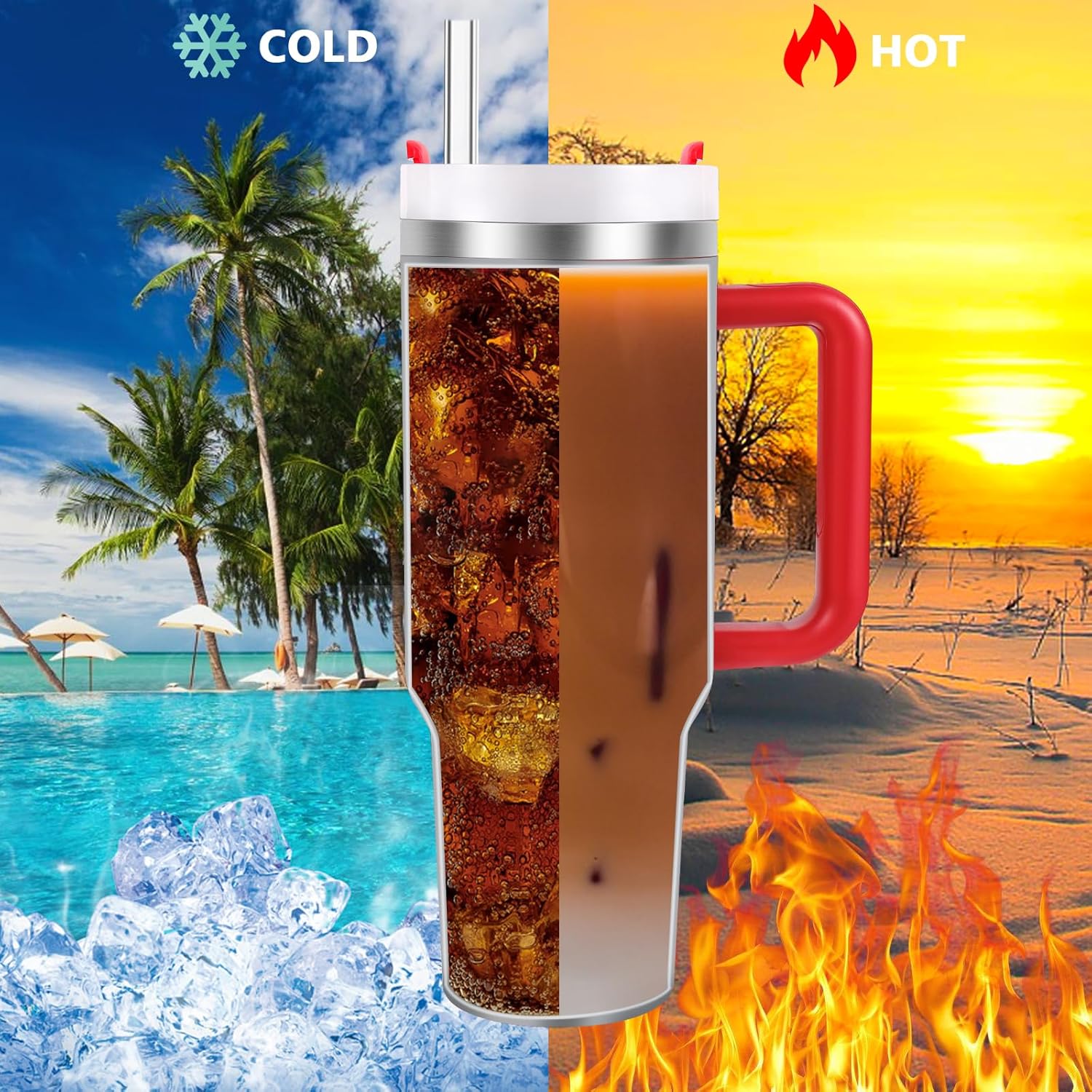 Vaso aislado al vacío de acero inoxidable de 40 onzas con tapa y popote para agua, batidos y más, té helado o café (rojo navideño)