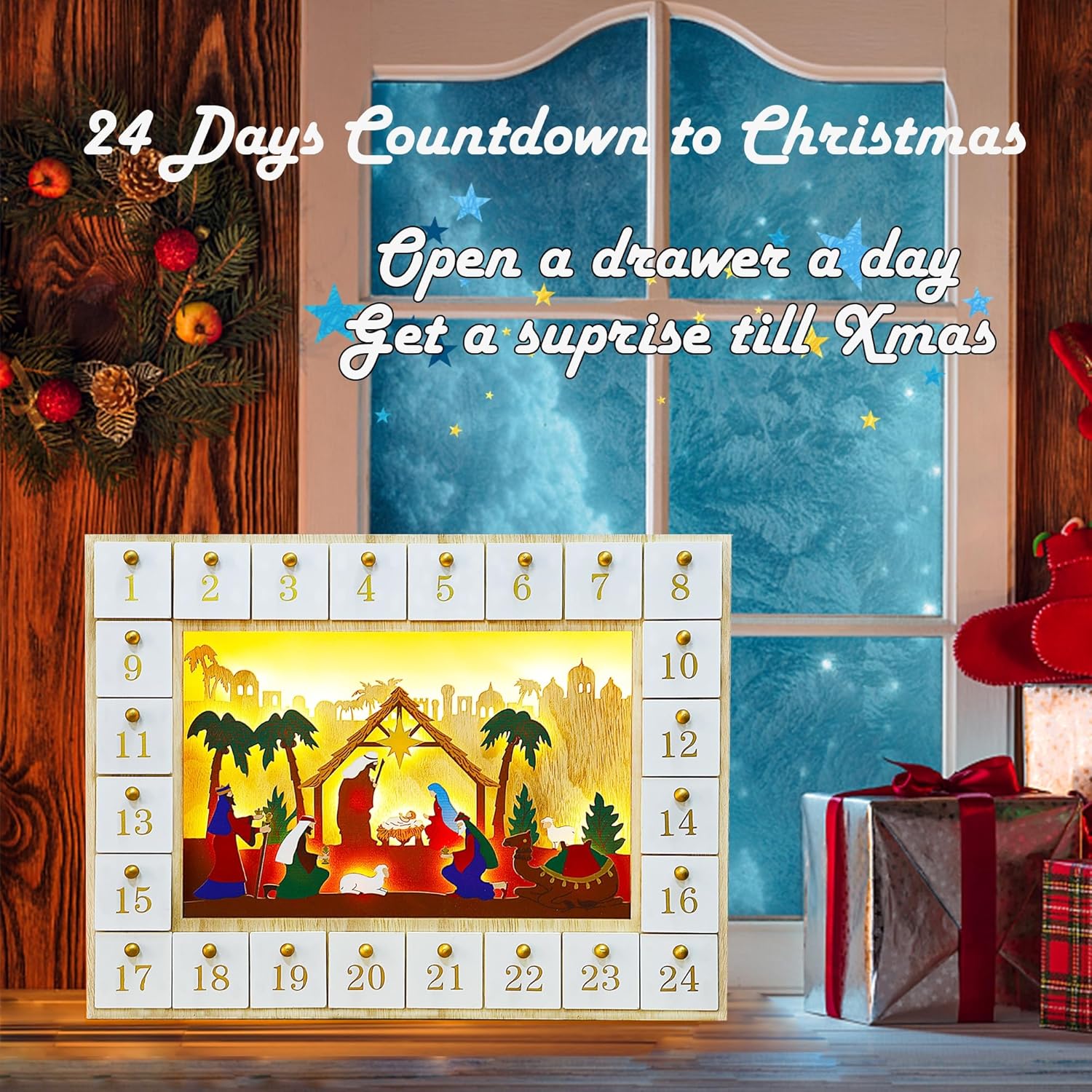 Lulu Home Calendario de Adviento de Navidad, 2023 caja de Adviento con iluminación de belén con cajones, cuenta regresiva de 24 días para Navidad,