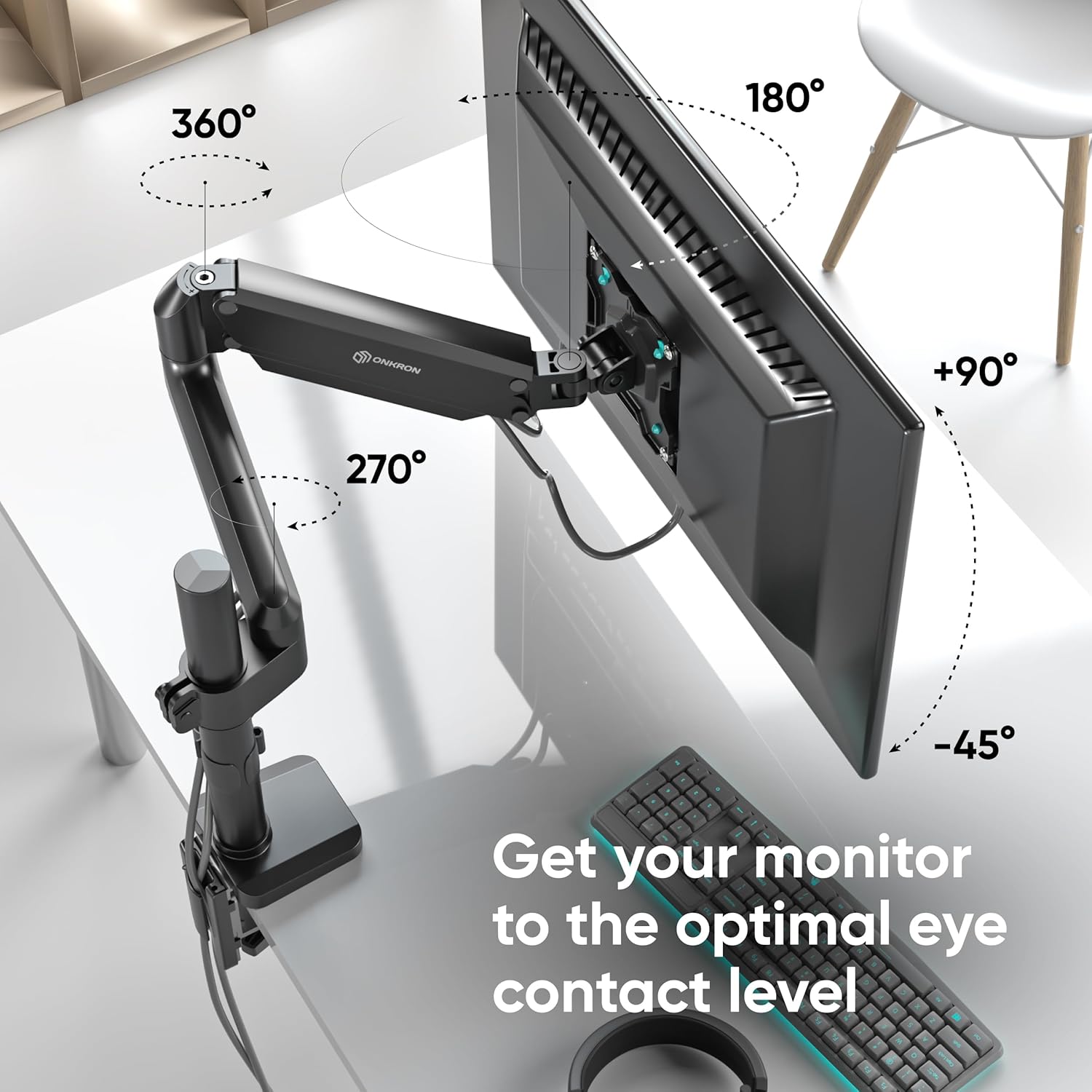 ONKRON Soporte de escritorio con brazo para monitor único para pantallas de 13 a 34 pulgadas de hasta 26.5 libras, brazo vertical para monitor con