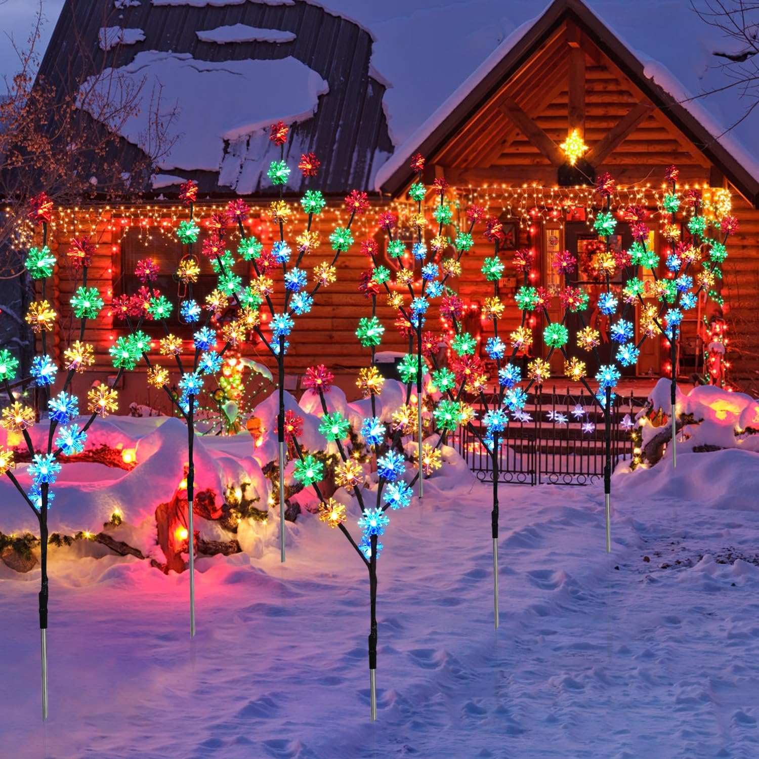 Aovciust Decoraciones de Navidad al aire libre, 4 juegos de luces solares para árbol de Navidad con 80 luces C6 multicolor de copo de nieve,