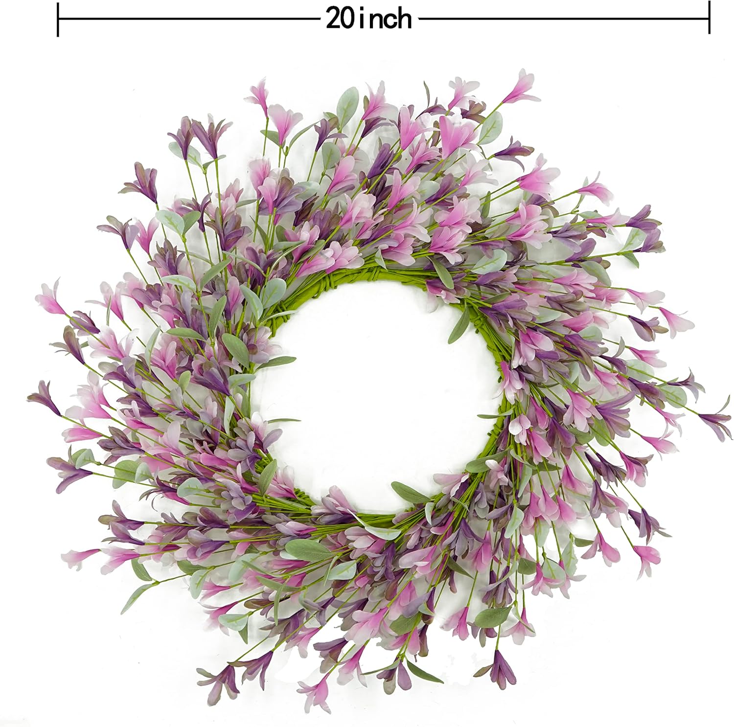 Corona de flores artificiales de Forsythia de 20 pulgadas, corona de primavera y verano para puerta delantera, con hojas de eucalipto para puerta