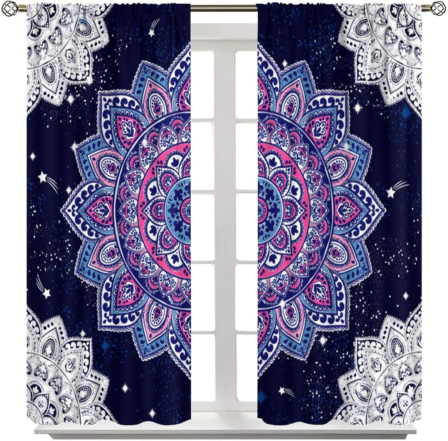 Cortinas de mandala bohemias moradas, hermosas flores de pavo real, fondo blanco y negro, con bolsillo para barra, cortinas de ventana para