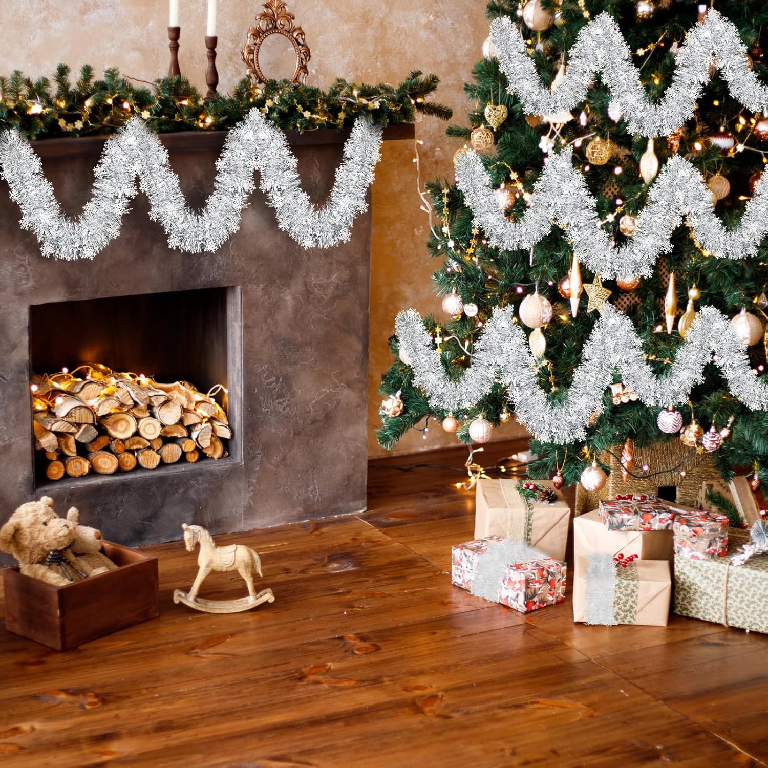 Guirnalda de oropel de copo de nieve de Navidad de 105 pies, guirnalda metálica torcida, decoración de Navidad, guirnalda de oropel de papel de