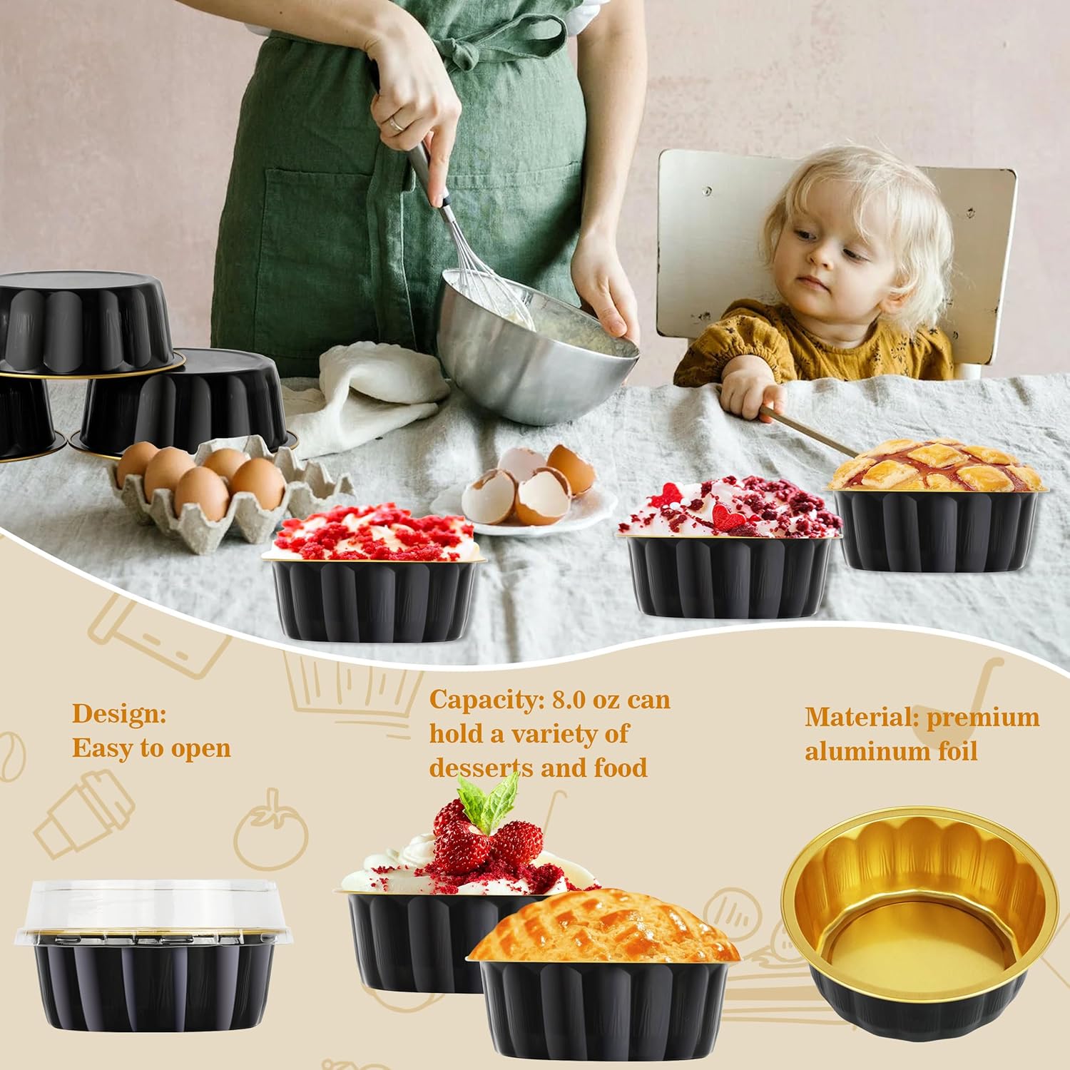 Mini moldes para pasteles con tapas, 30 moldes individuales de 8 onzas para tartas, tazas de aluminio para hornear, mini moldes de aluminio con