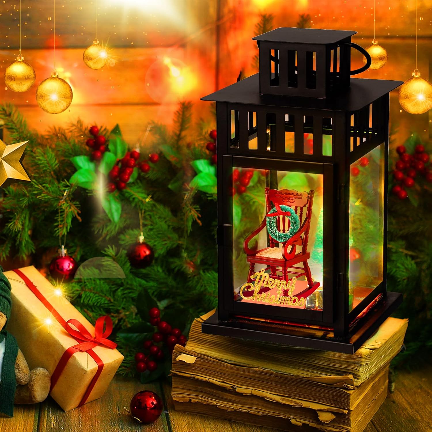Juego de 9 linternas navideñas de memoria, incluye sillas de modelo de Navidad a escala 112, árbol de Navidad, cajas de regalo, corona multicolor
