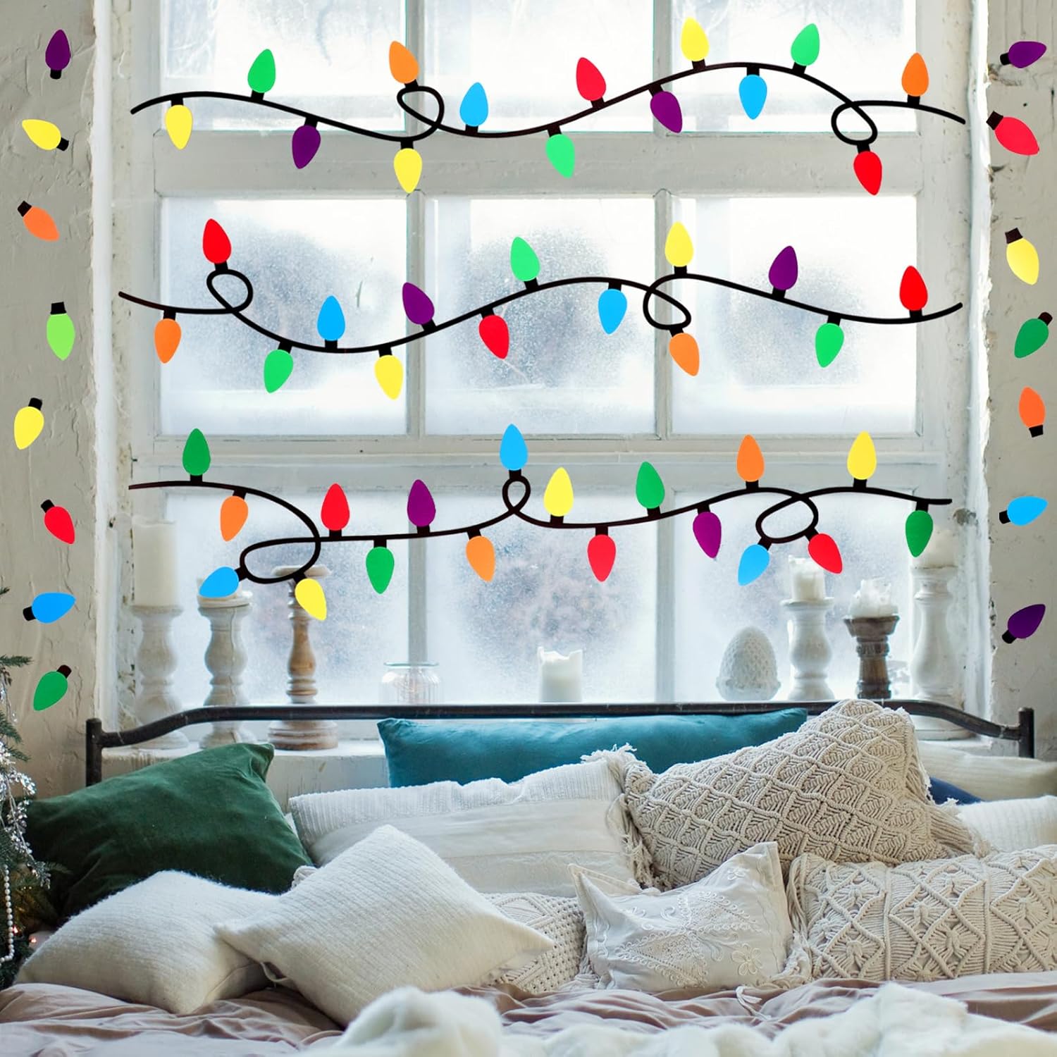 Cholemy 4 hojas de calcomanías de pared de Navidad, calcomanías de bombilla de Navidad, calcomanías de bombillas de colores, suministros de fiesta,