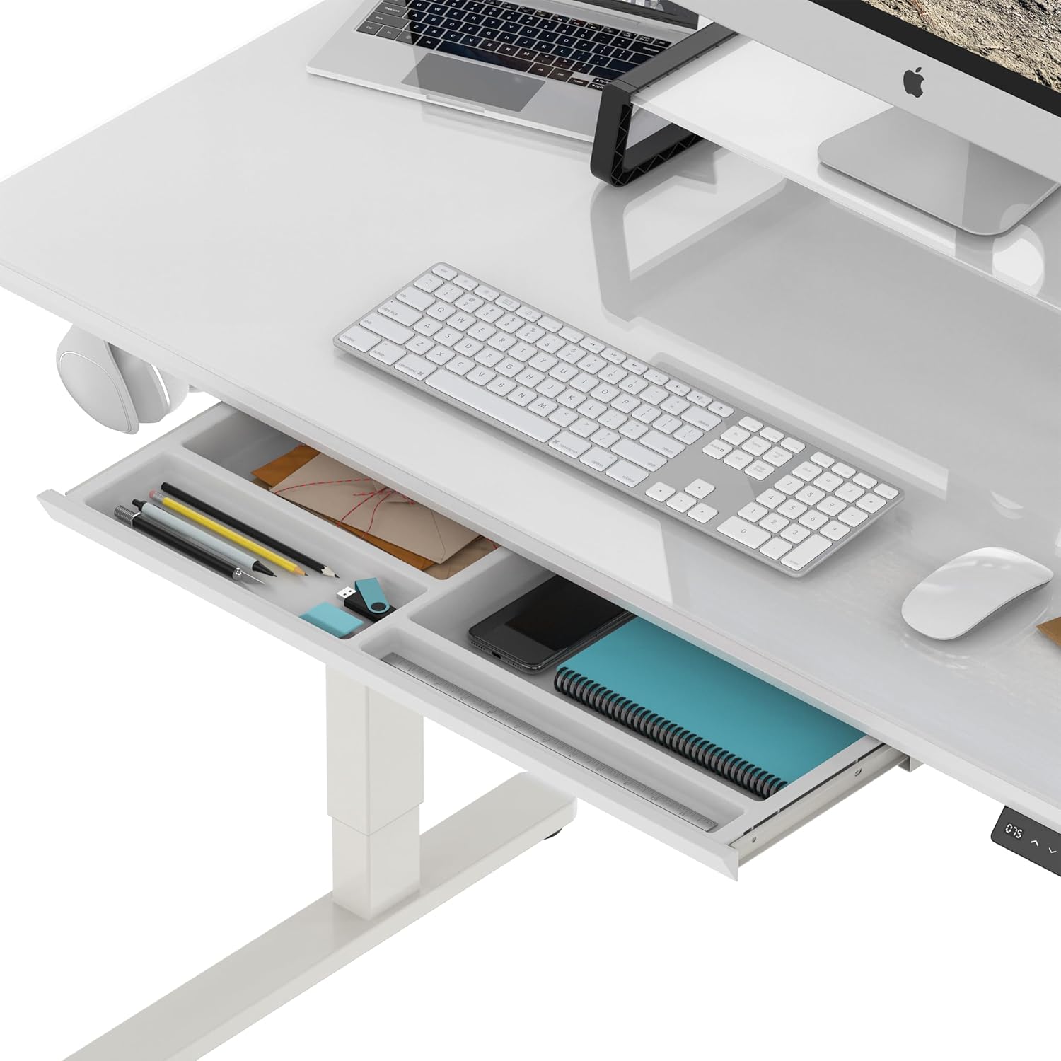 SHW  48 pulgadas  Escritorio eléctrico de altura ajustable de vidrio de una pieza completa  Elevador de monitor y cajón incluidos  Blanco