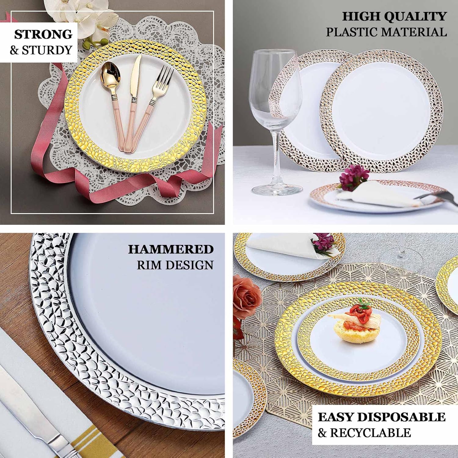 Efavormart – Platos de postre o aperitivo de plástico de 7.5 pulgadas con borde dorado y diseño martillado de 7.5 pulgadas