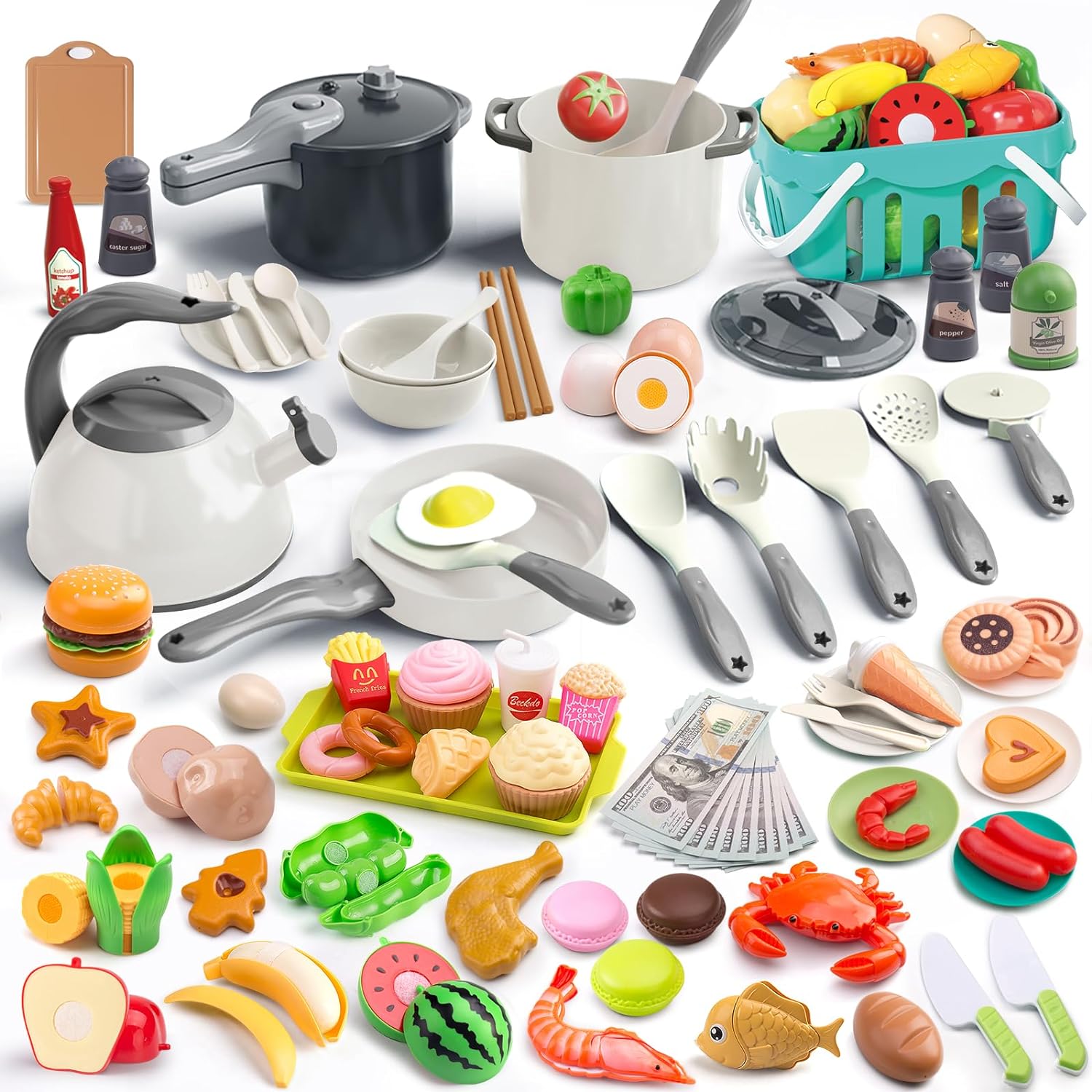 Juego de cocina de 130 piezas, ollas de juego de cocina para niños, sartenes, utensilios de cocina, alimentos diarios, frutas y verduras, cesta de