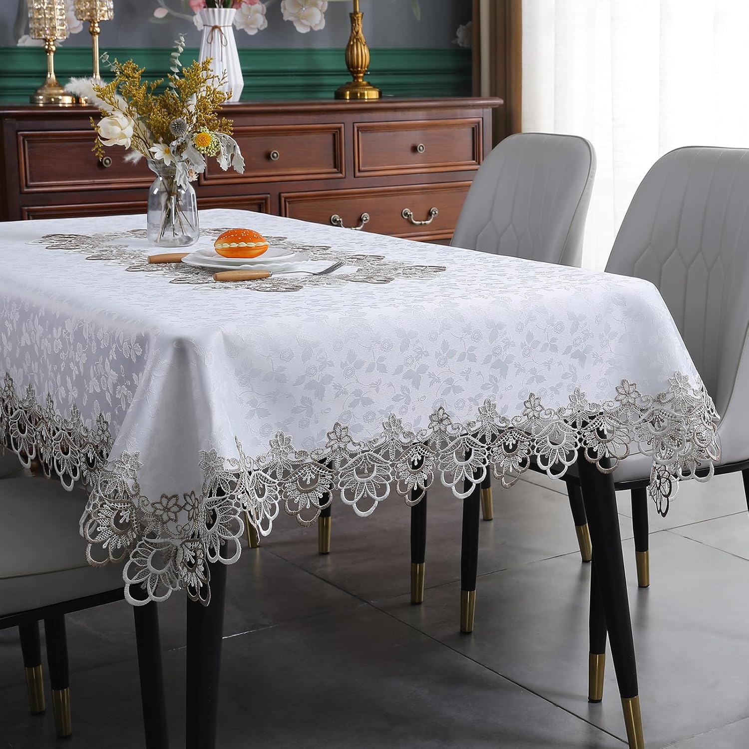 Lady Miranda Manteles blancos para mesas rectangulares de 55 x 86 pulgadas, mantel bordado impermeable y resistente a las arrugas, manteles de