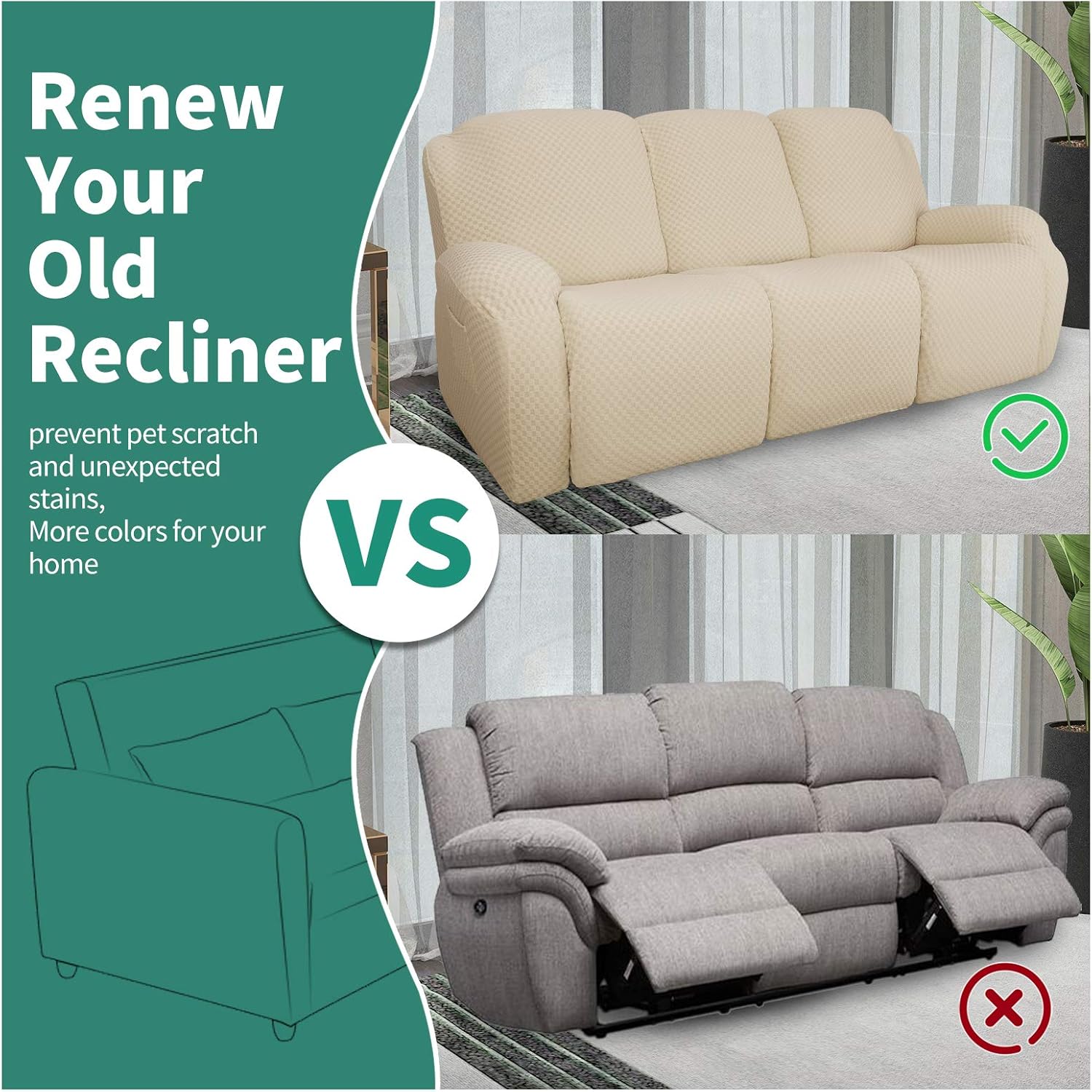 Yemyhom Funda elástica de 8 piezas para sofá reclinable de 3 plazas, tela moderna de jacquard, con bolsillo lateral, antideslizante, con parte