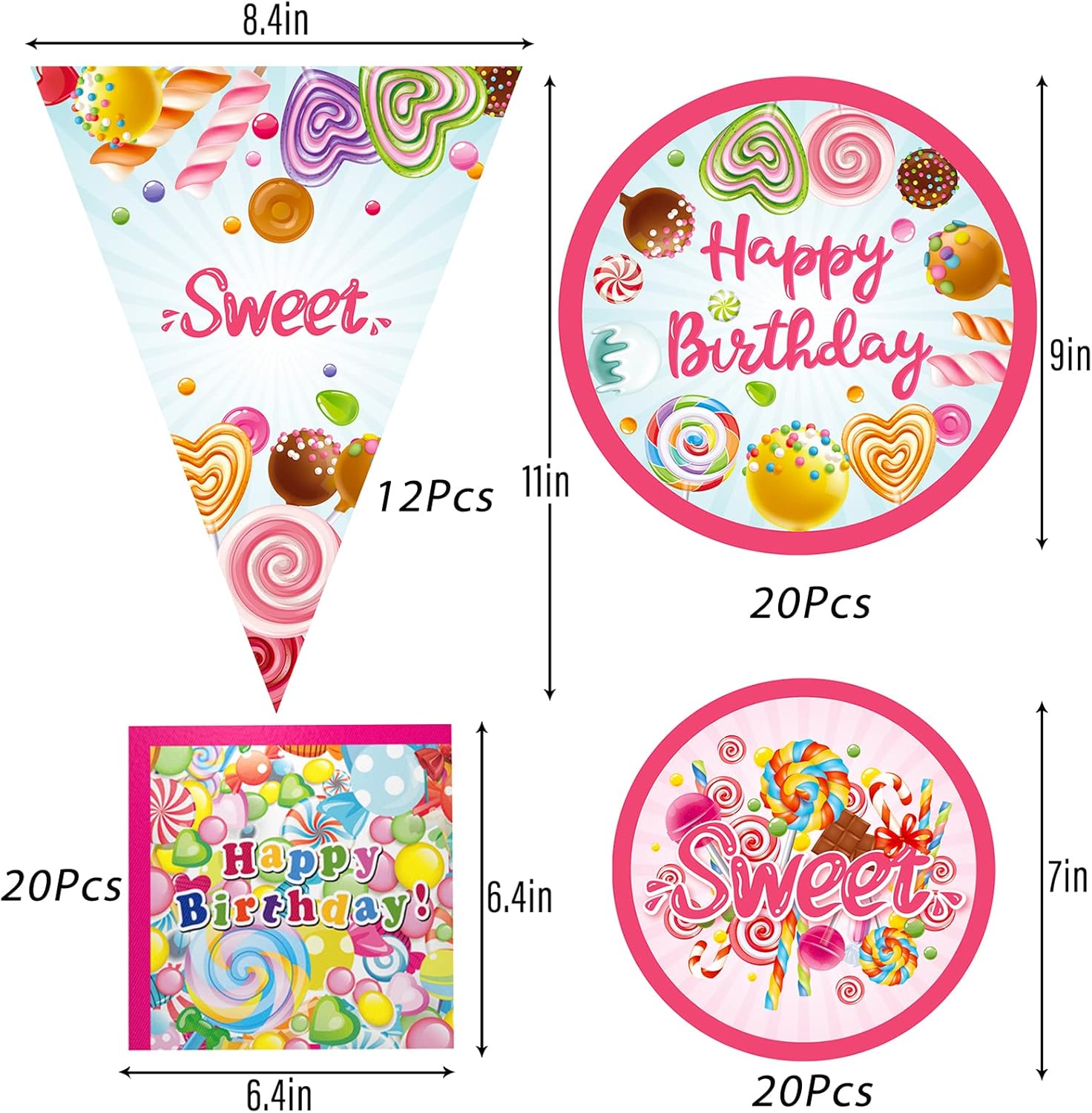 Rainmae Candyland Party Supplies – Juego de vajilla desechables con forma de dona, caramelos, servilletas, vasos, pancarta, para niñas, niños, baby