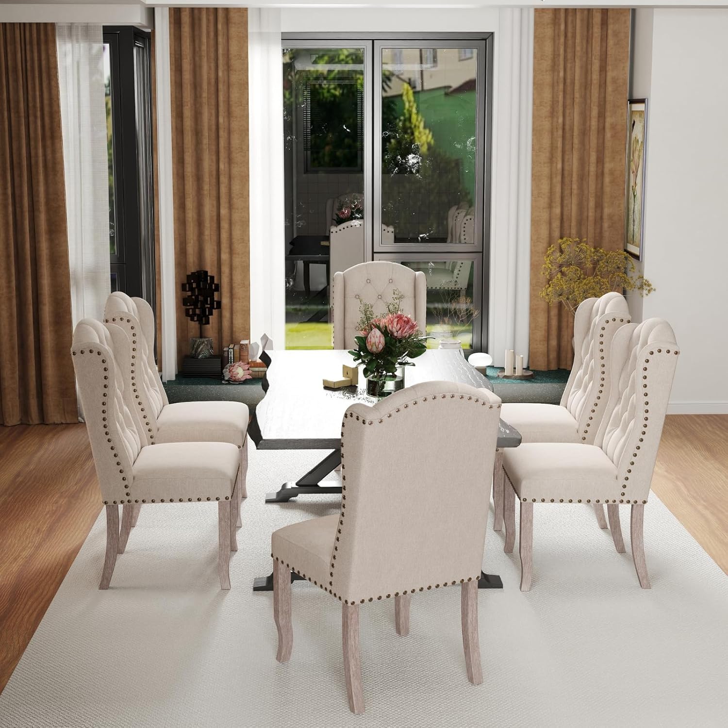 Juego de 2 sillas de comedor clásicas tapizadas de lino con respaldo alto y patas de madera, cómodas sillas laterales sin brazos para cocina,