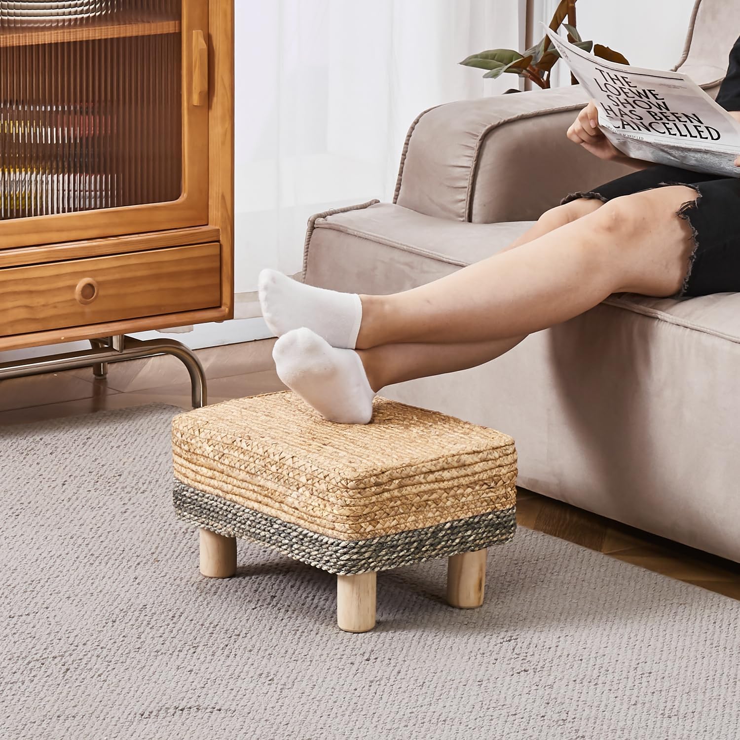 Cpintltr Taburete otomano rectangular, reposapiés, otomano, reposapiés natural de algas marinas con patas de madera, taburete tejido a mano para
