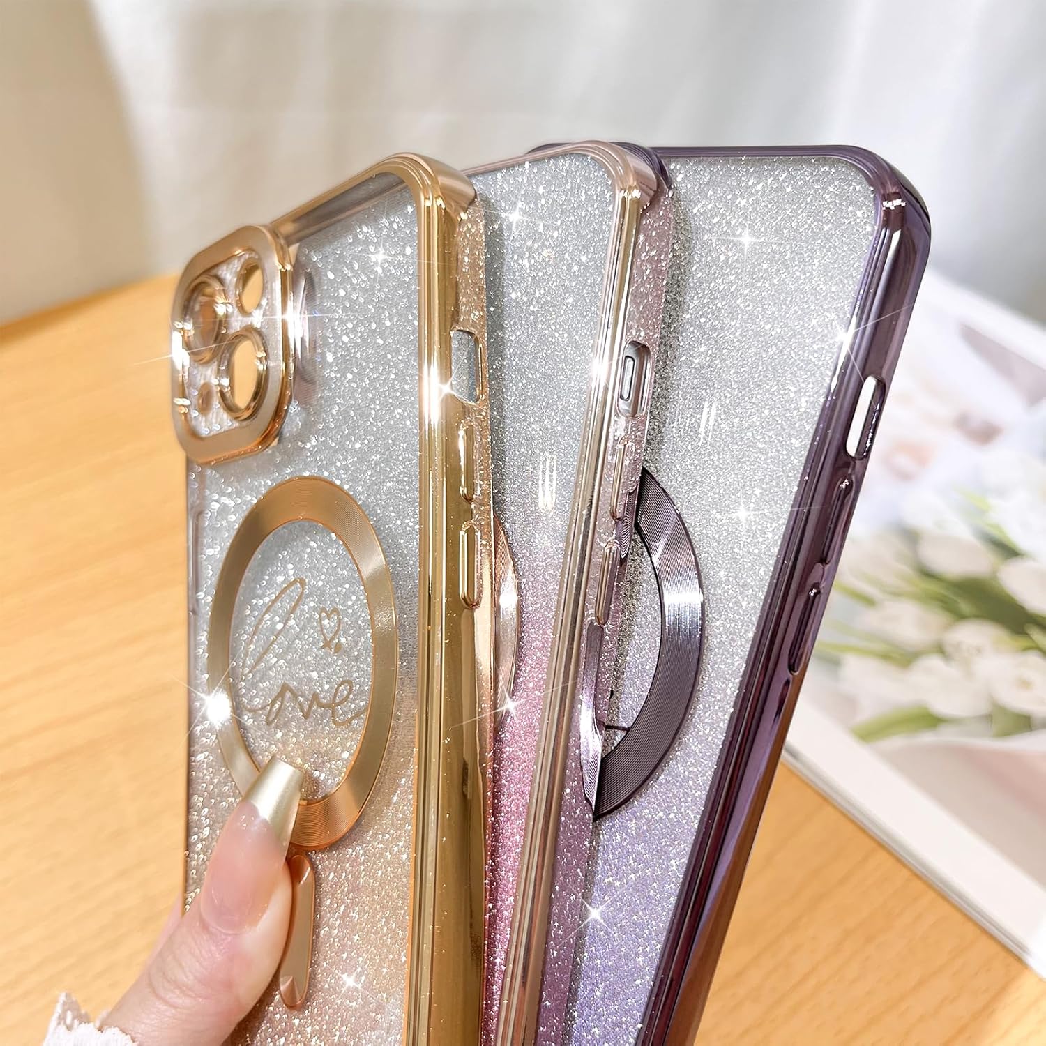Fiyart Funda compatible con iPhone 13, compatible con MagSafe Love con protección de cámara chapada en corazón, purpurina magnética para mujeres y