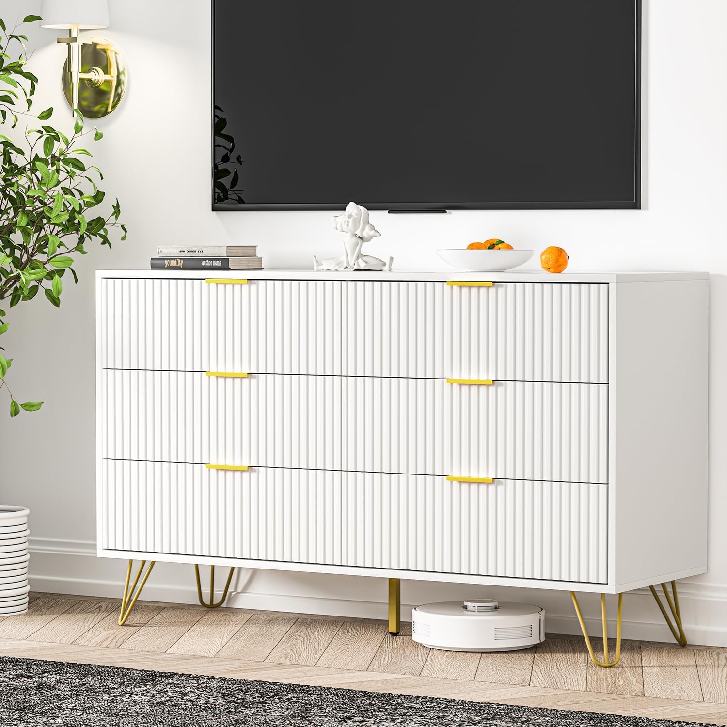 FURNIWAY Cómoda blanca, cómoda moderna de 6 cajones para dormitorio con asas doradas, cómoda ancha para sala de estar