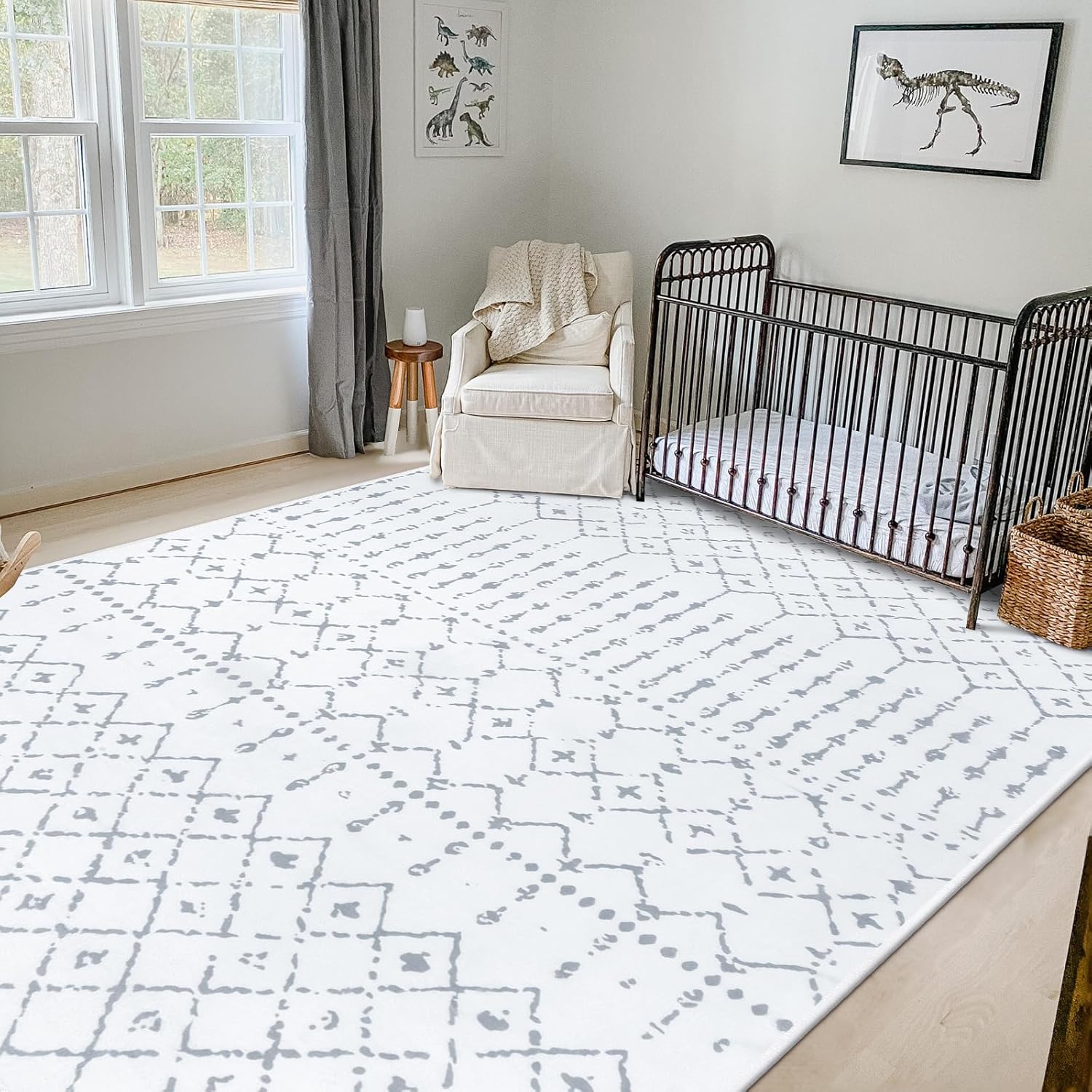 LIVEBOX Alfombra bohemia lavable de 8 x 10 pies para sala de estar, alfombra marroquí antideslizante blanca y gris para dormitorio, alfombra de pelo