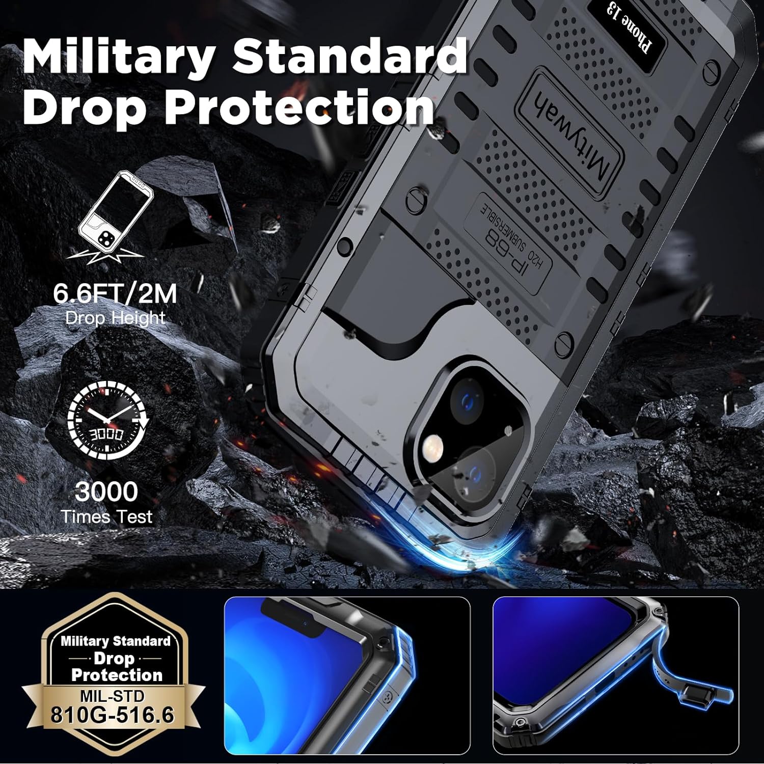Mitywah Funda impermeable para iPhone 13, funda de metal resistente de grado militar, funda protectora de pantalla integrada a prueba de golpes,