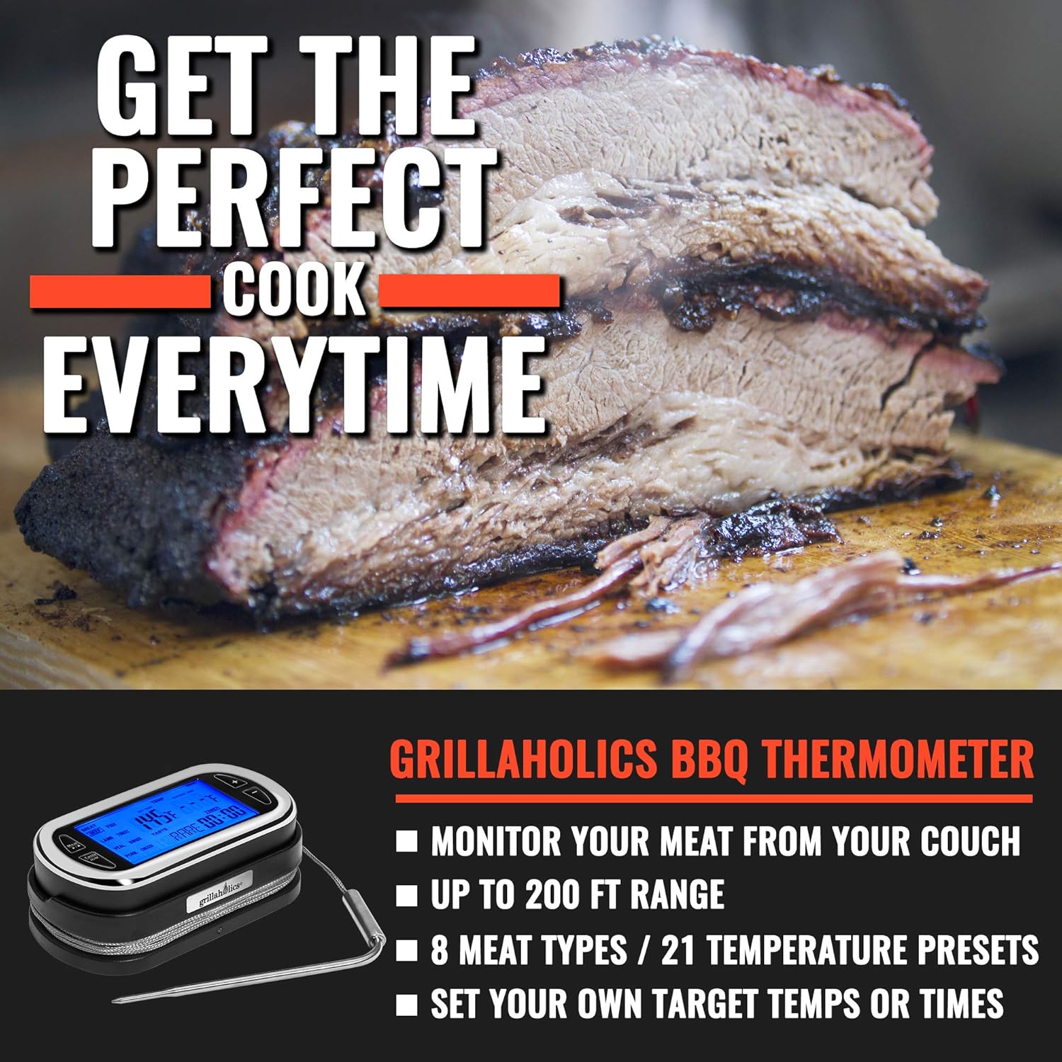 Grillaholics Termómetro de carne para asar a la parrilla – Termómetro digital inalámbrico remoto para cocinar carne para fumar, barbacoa, horno y