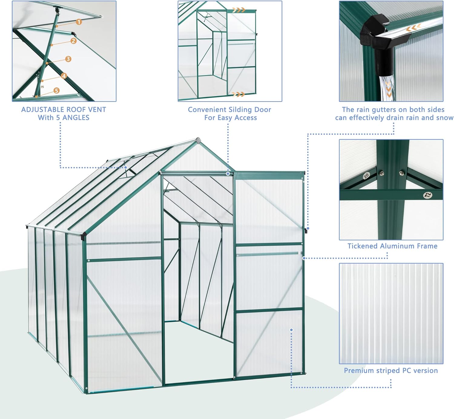 Invernadero resistente para exteriores de 6 x 10 pies con paneles de policarbonato, casa verde con puerta corredera, cúpula geodésica con diseño