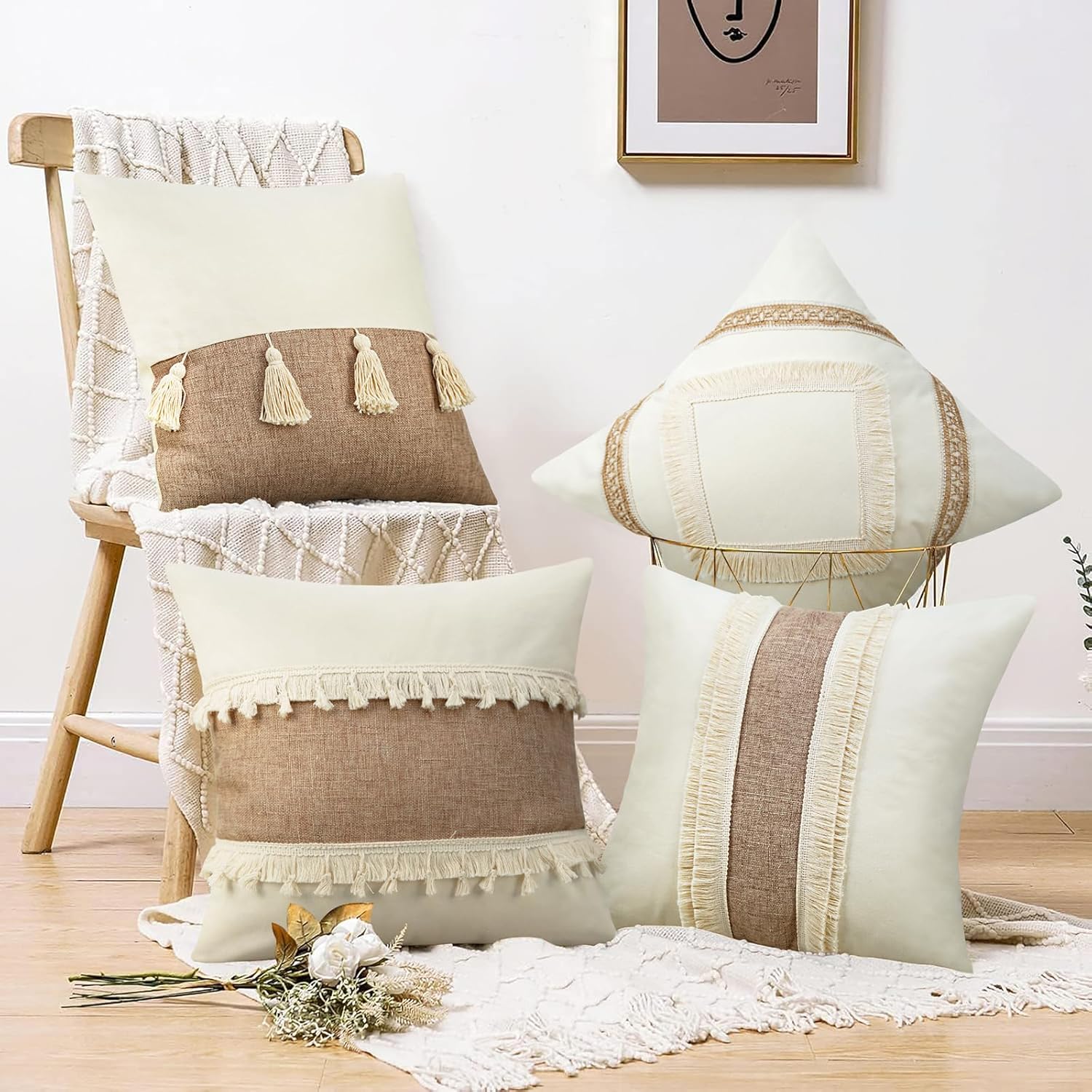 Merrycolor Juego de 2 fundas de almohada neutras de 20 x 20 pulgadas, modernas, rústicas, rústicas, para sofá, sala de estar, beige y blanco crema,