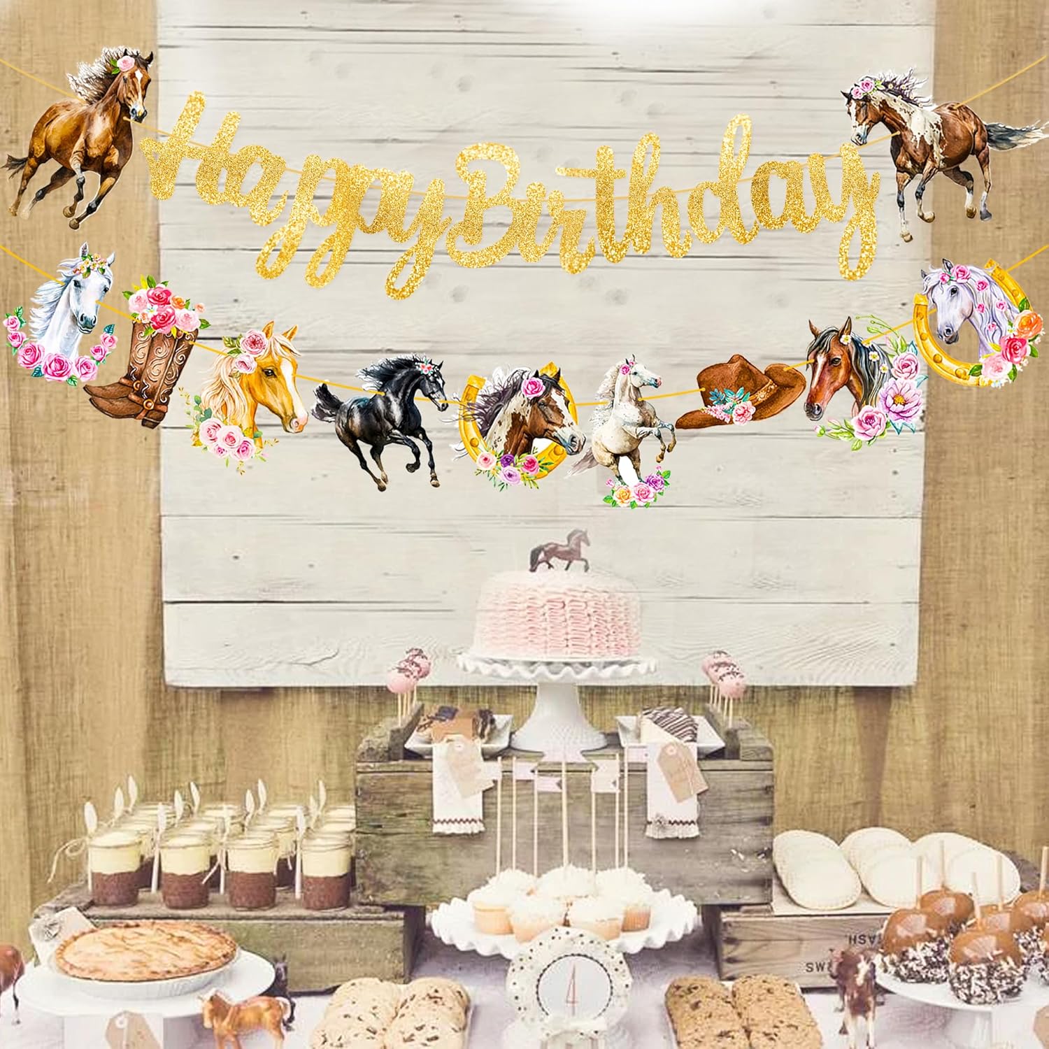 Cartel de feliz cumpleaños de vaquera, suministros para fiesta de cumpleaños de vaquera, suministros con purpurina con temática de vaquera