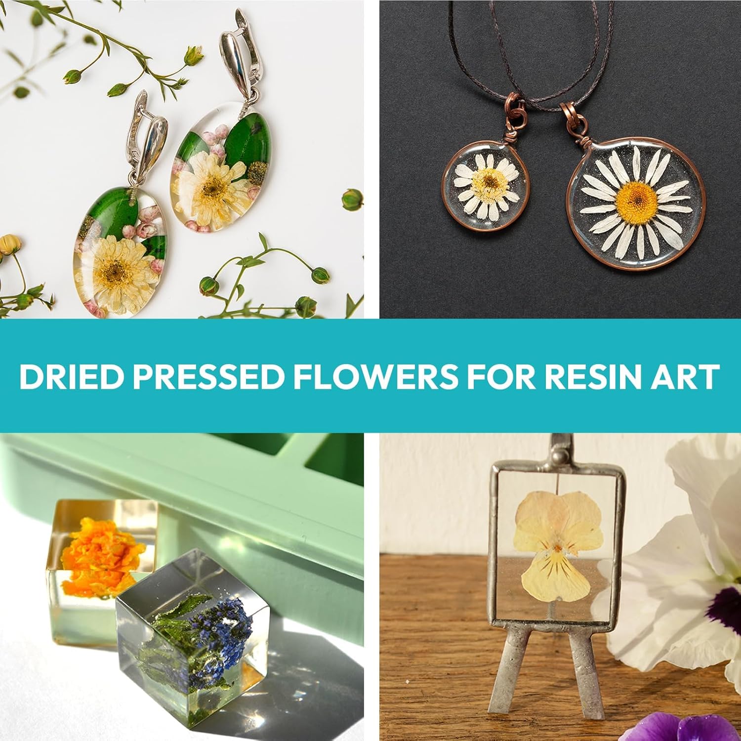 Resiners 100 flores secas prensadas para moldes de resina, flores prensadas reales, kit de hojas secas para manualidades, fabricación de joyas de