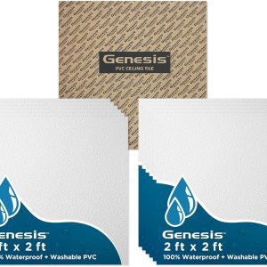 Genesis Azulejos de techo Stucco Pro de 2 x 2 pies, fácil instalación sin caída, impermeables, lavables y clasificados contra incendios, PVC de alta Genesis Azulejos de techo Stucco Pro de 2 x 2 pies, fácil instalación sin caída, impermeables, lavables y clasificados contra incendios, PVC de alta