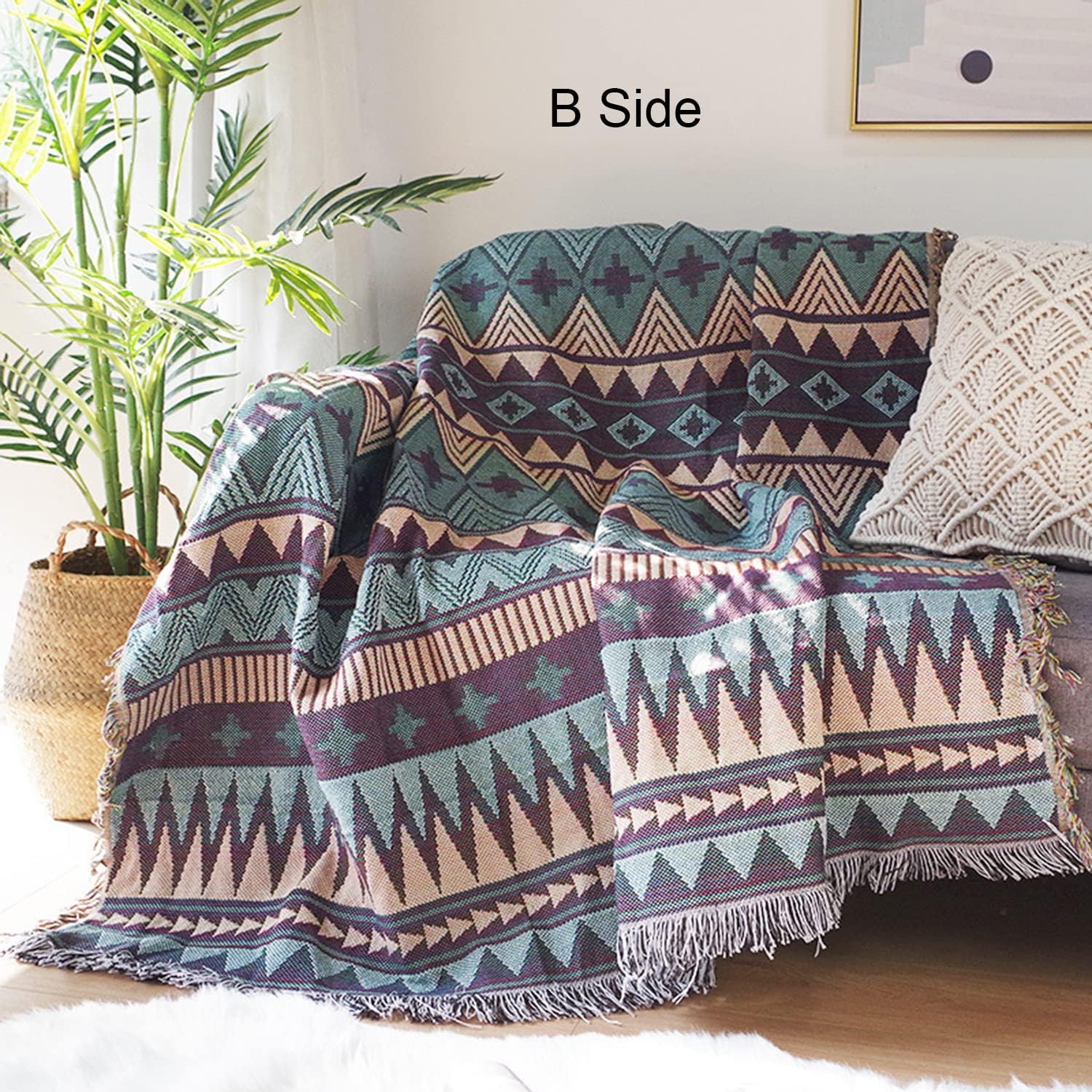 Luxlovery Manta bohemia para sofá, tejida étnica, estilo granja, bohemio, para sofá, color negro, blanco y naranja, multicolor, azteca, manta de