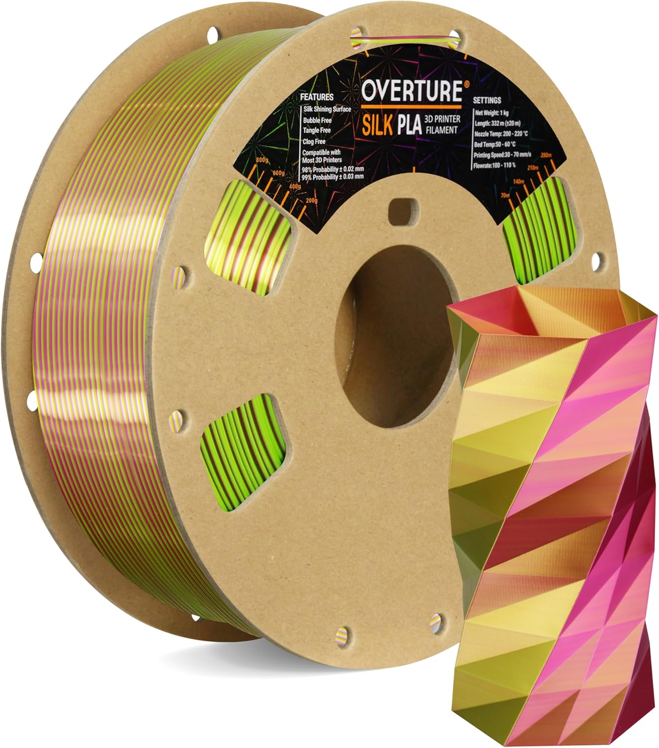 OVERTURE Filamento PLA de seda de doble color de 0.069 pulgadas, filamento de impresora 3D brillante sin obstrucciones, carrete de 2.2 libras,
