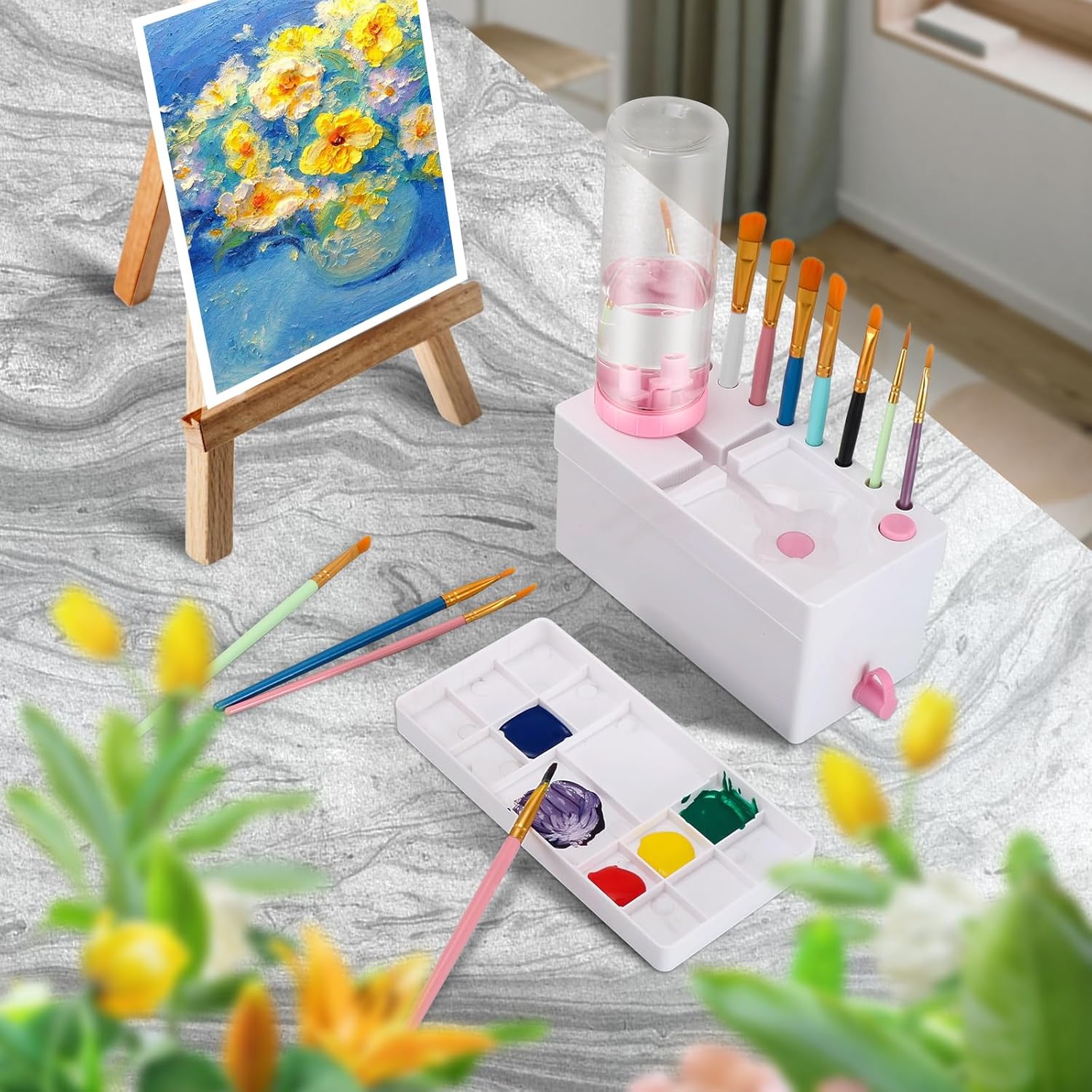 BEFSOP Limpiador de pinceles, suministros de pintura 4 en 1 mejorados, soporte para pinceles con paleta, enjuague de pinceles para acrílico, paleta